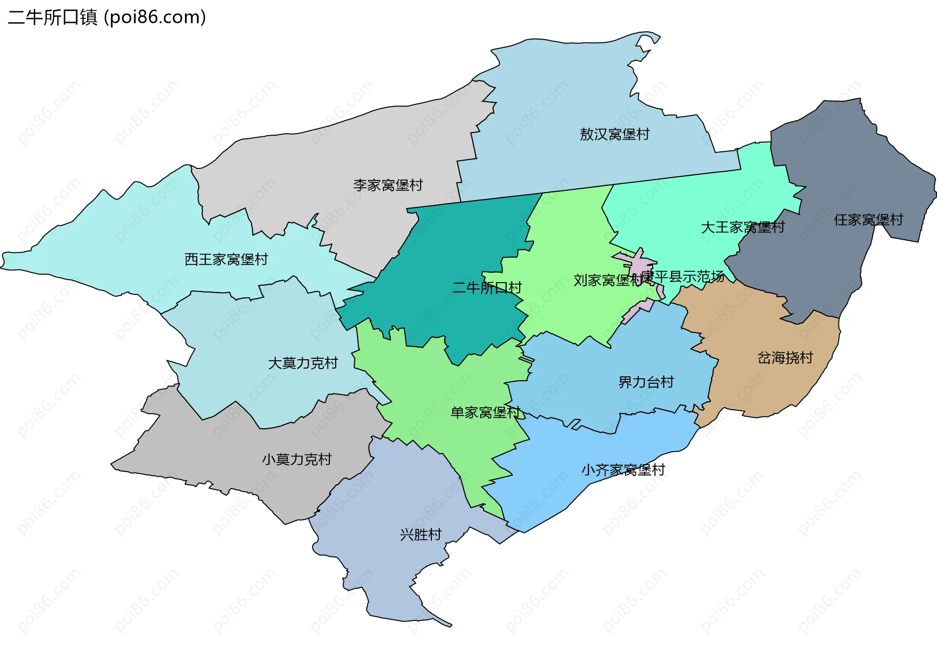二牛所口镇边界地图(五级行政区划)