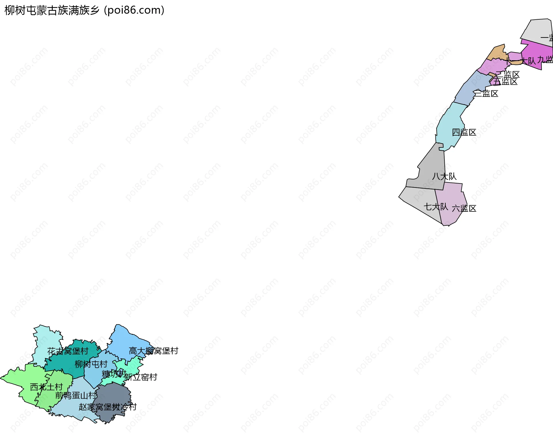 柳树屯蒙古族满族乡边界地图(五级行政区划)