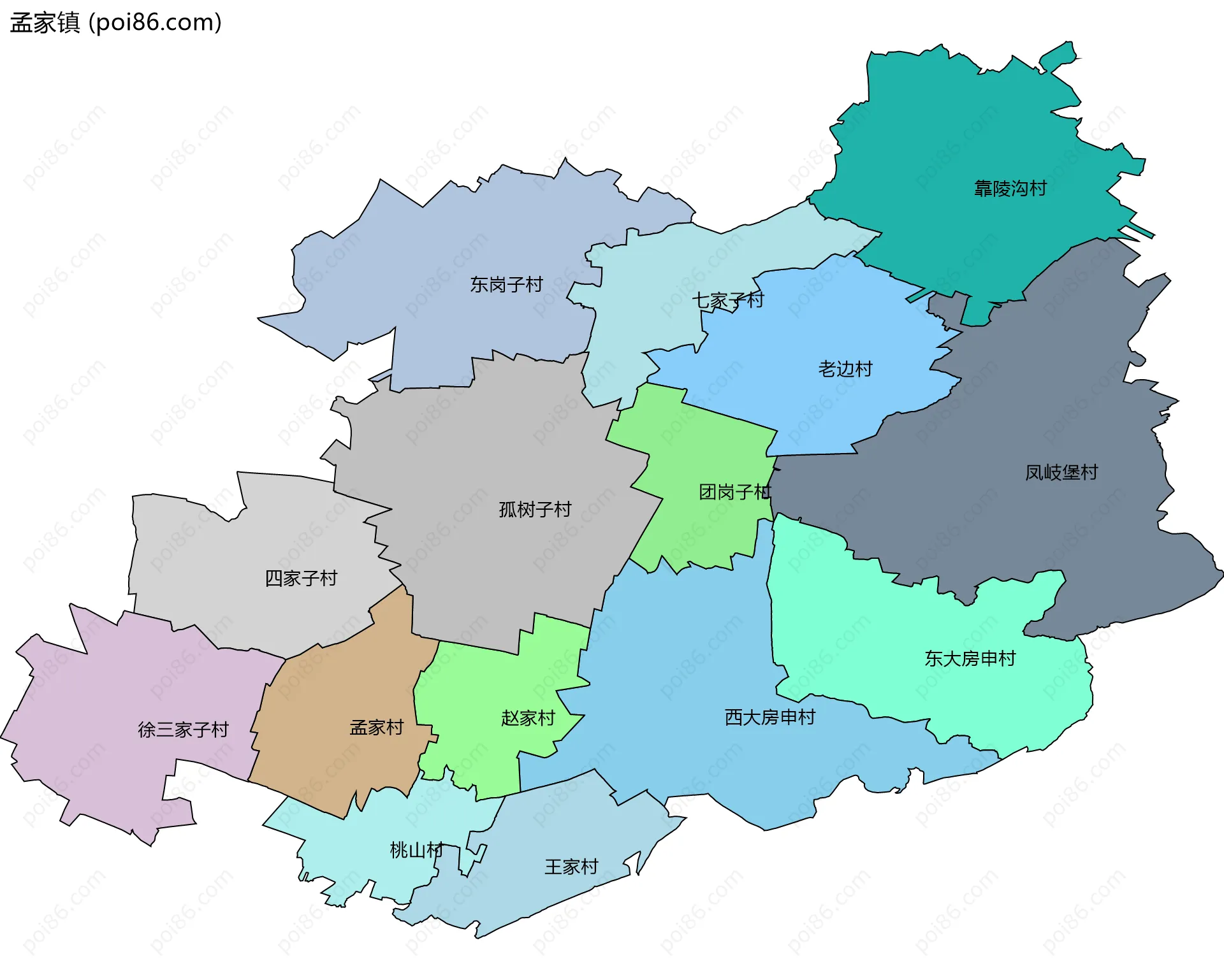 孟家镇边界地图(五级行政区划)