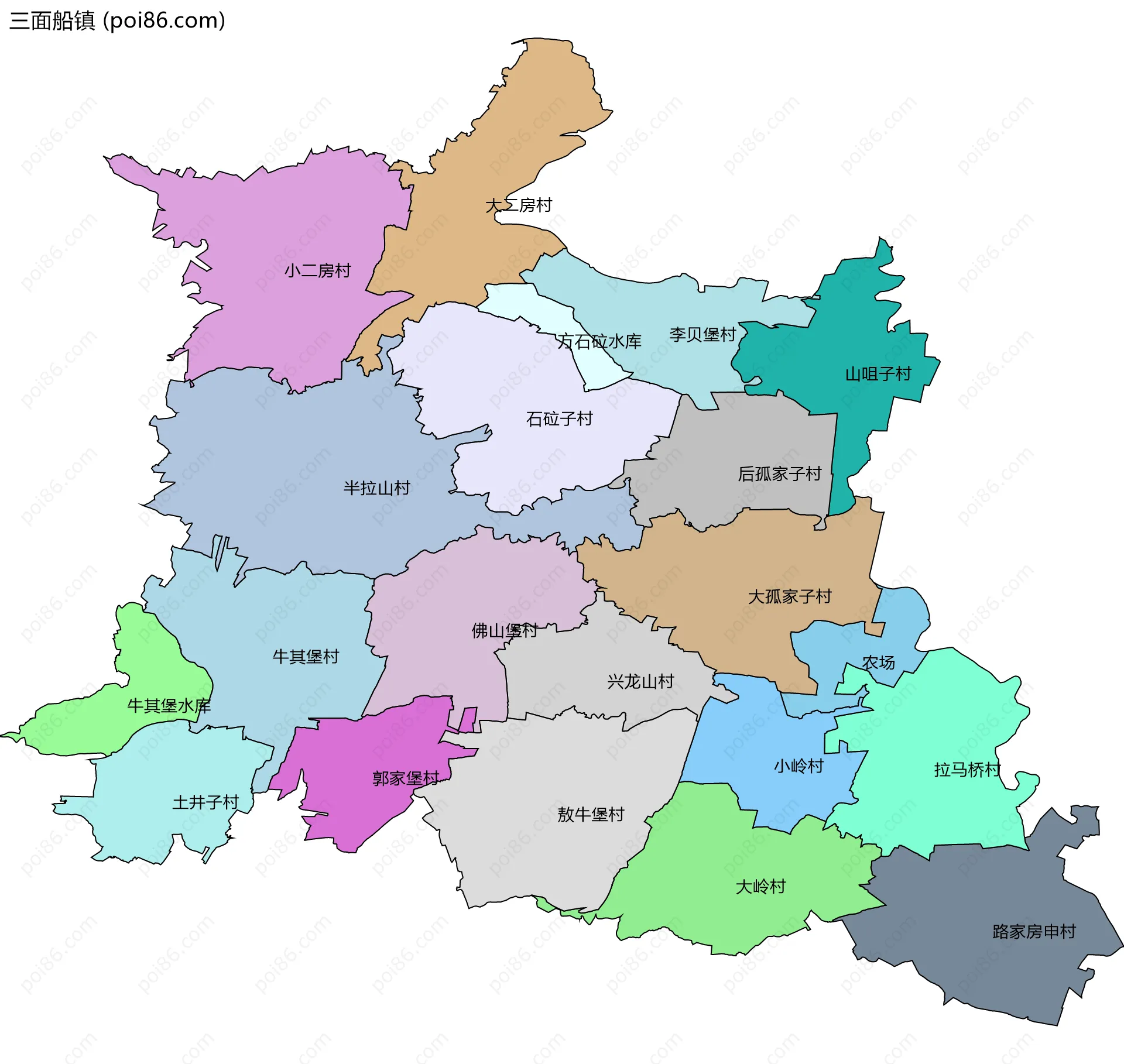 三面船镇边界地图(五级行政区划)