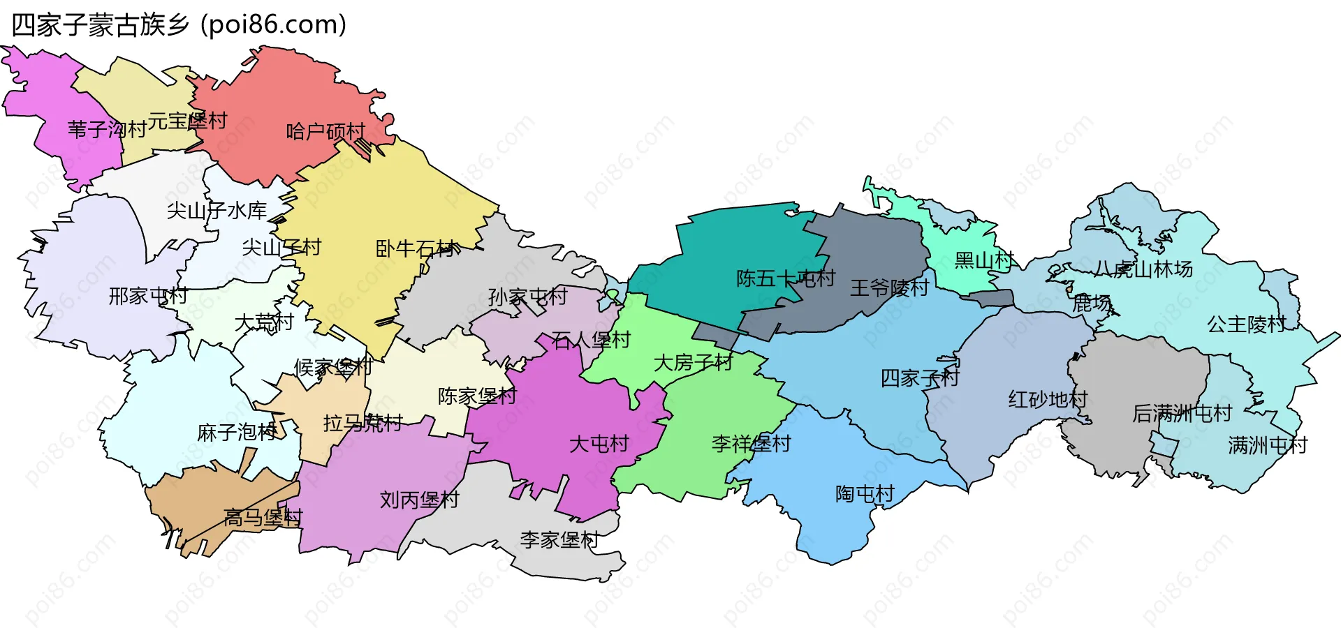 四家子蒙古族乡边界地图(五级行政区划)