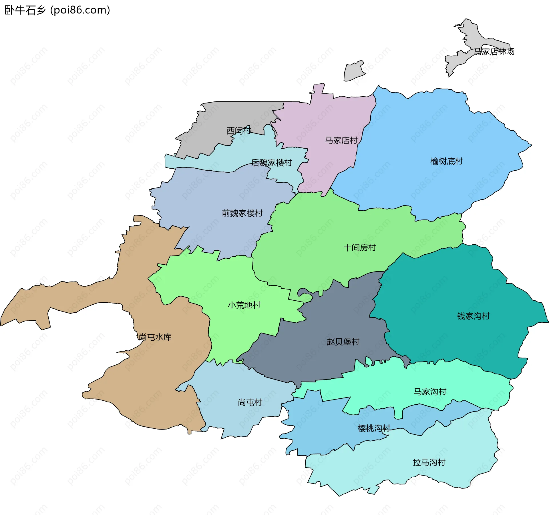 卧牛石乡边界地图(五级行政区划)