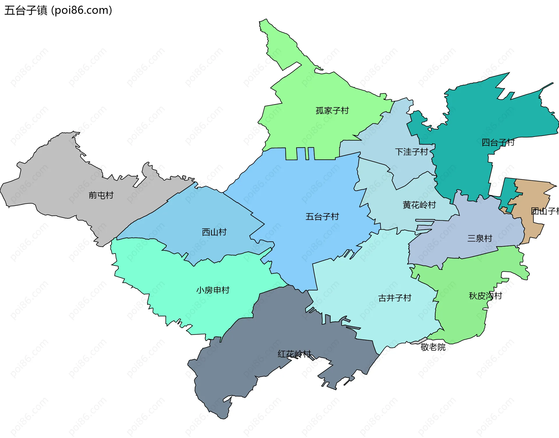 五台子镇边界地图(五级行政区划)