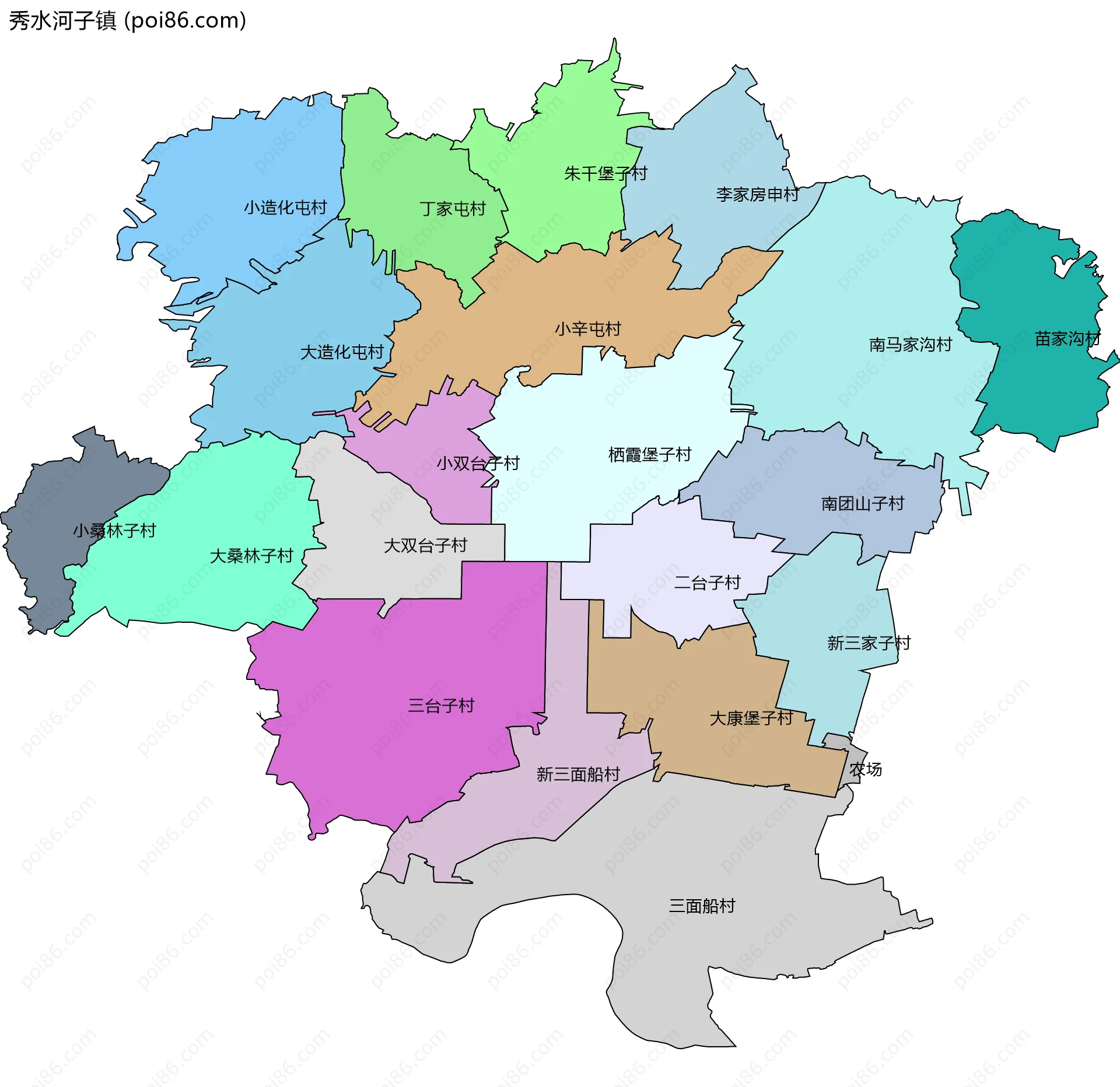 秀水河子镇边界地图(五级行政区划)