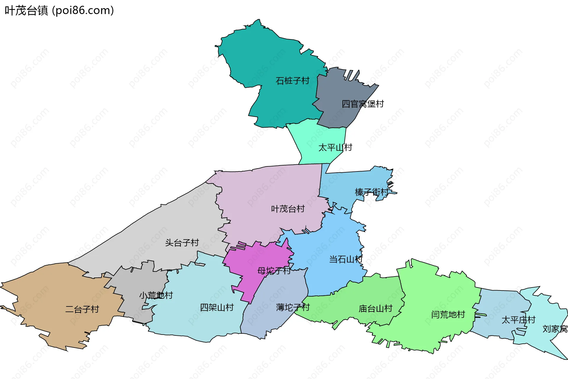 叶茂台镇边界地图(五级行政区划)