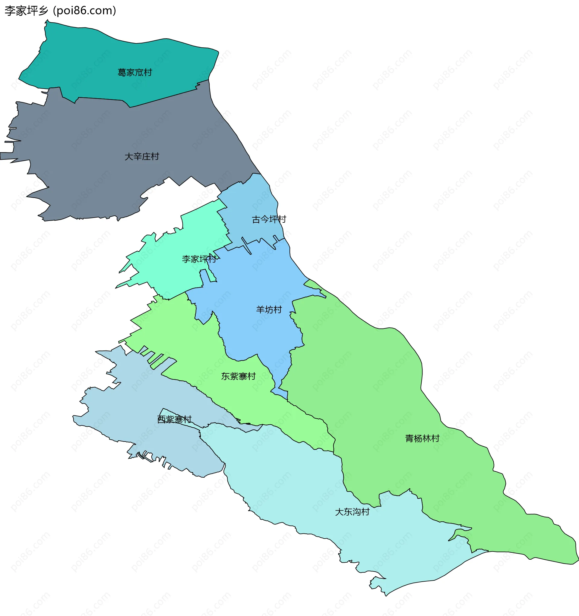 李家坪乡边界地图(五级行政区划)