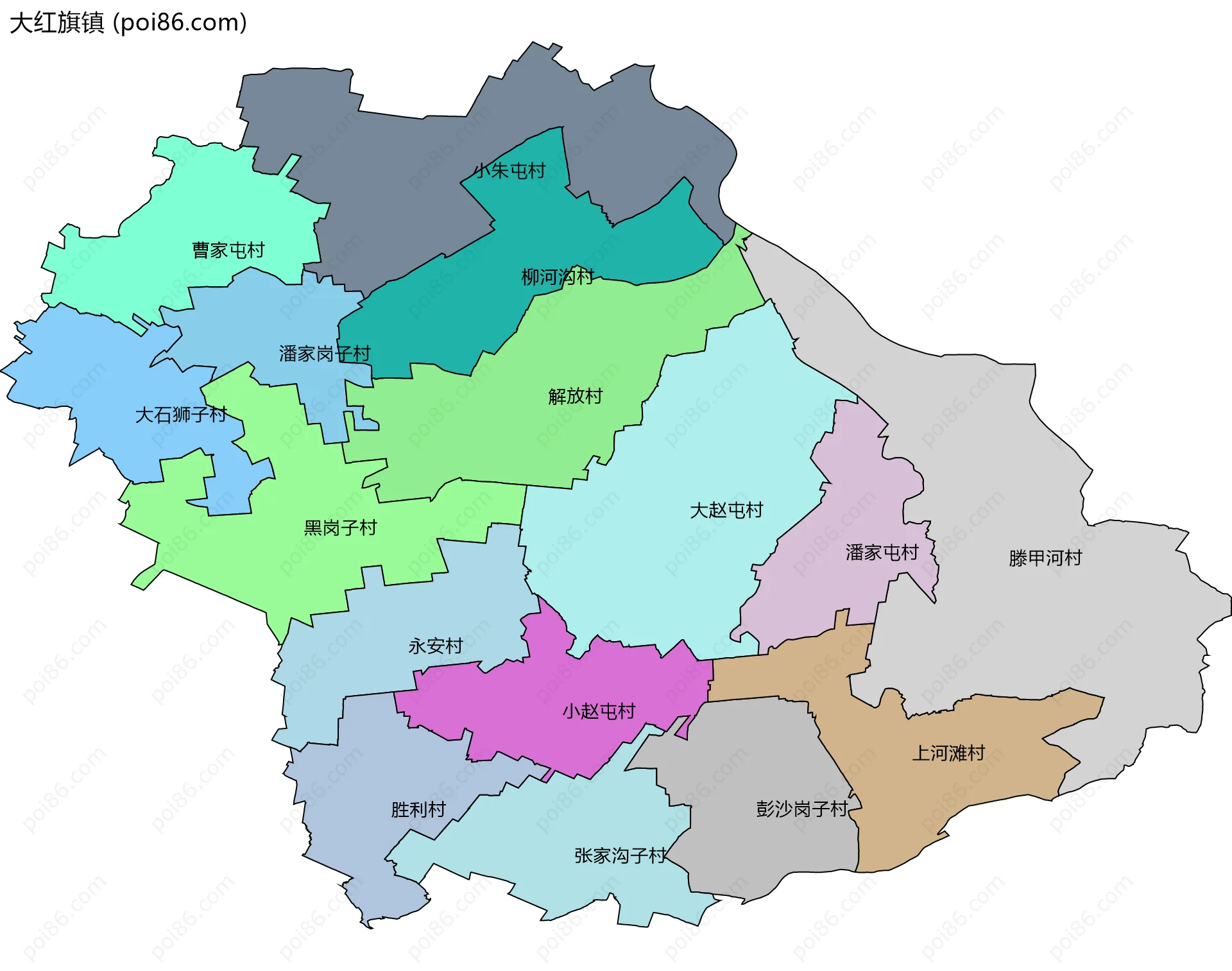 大红旗镇边界地图(五级行政区划)