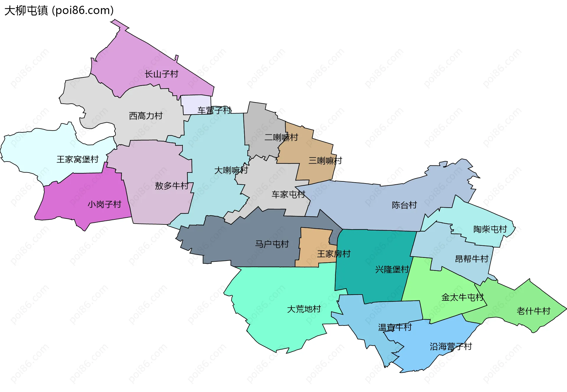 大柳屯镇边界地图(五级行政区划)