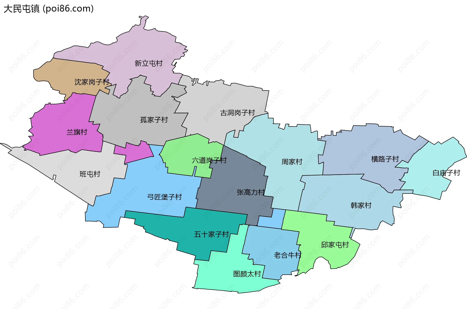大民屯镇边界地图(五级行政区划)