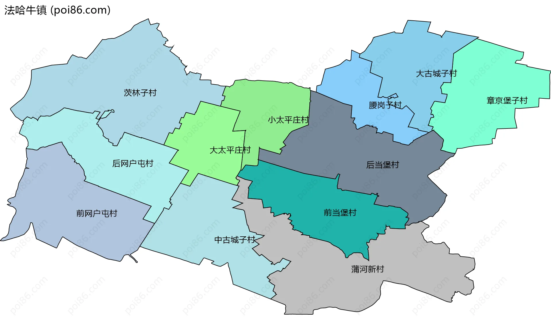法哈牛镇边界地图(五级行政区划)