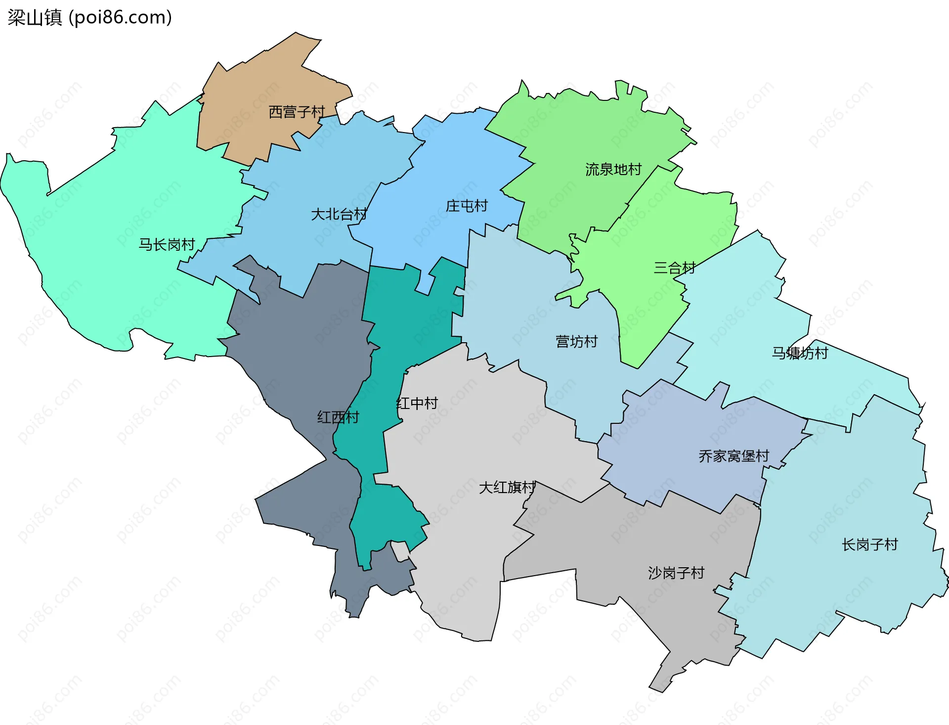 梁山镇边界地图(五级行政区划)