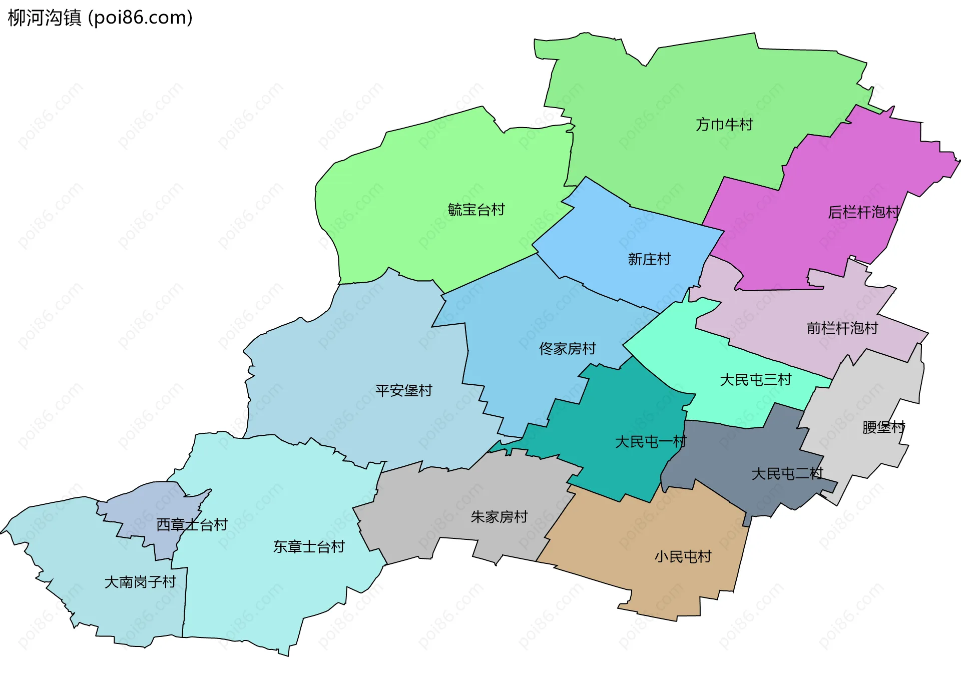 柳河沟镇边界地图(五级行政区划)