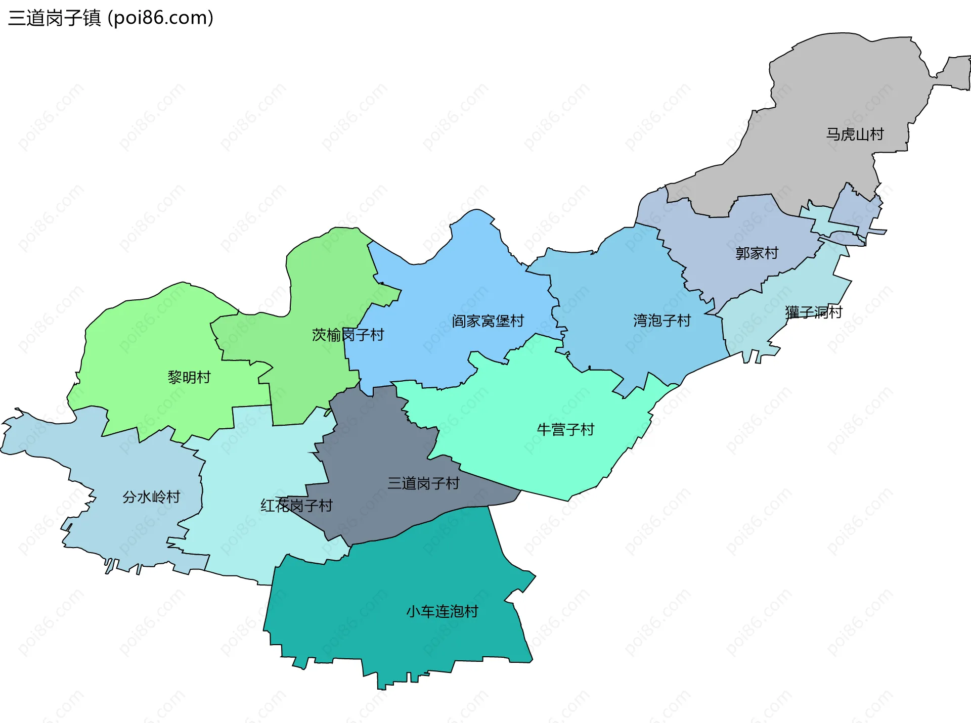 三道岗子镇边界地图(五级行政区划)