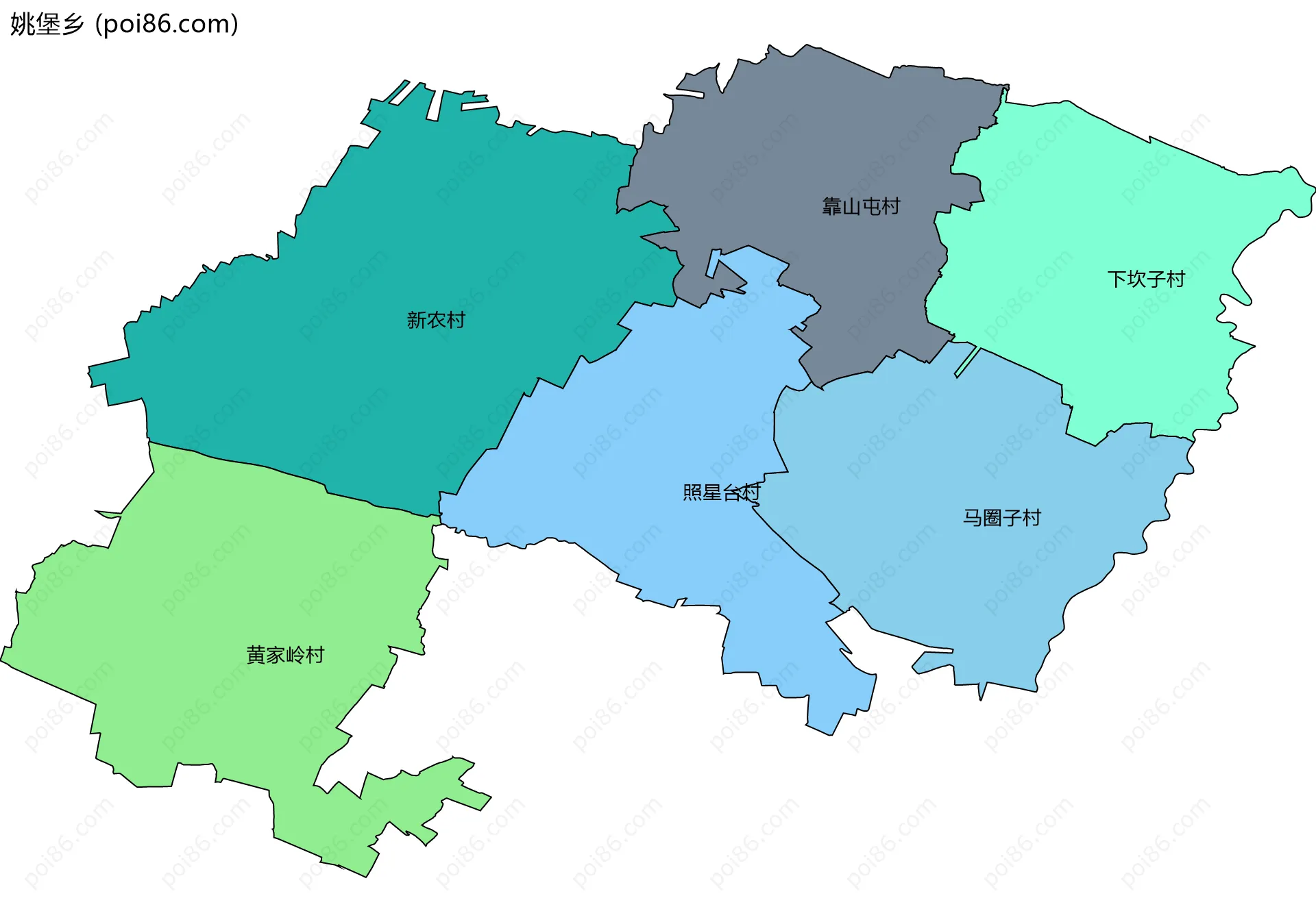 姚堡乡边界地图(五级行政区划)