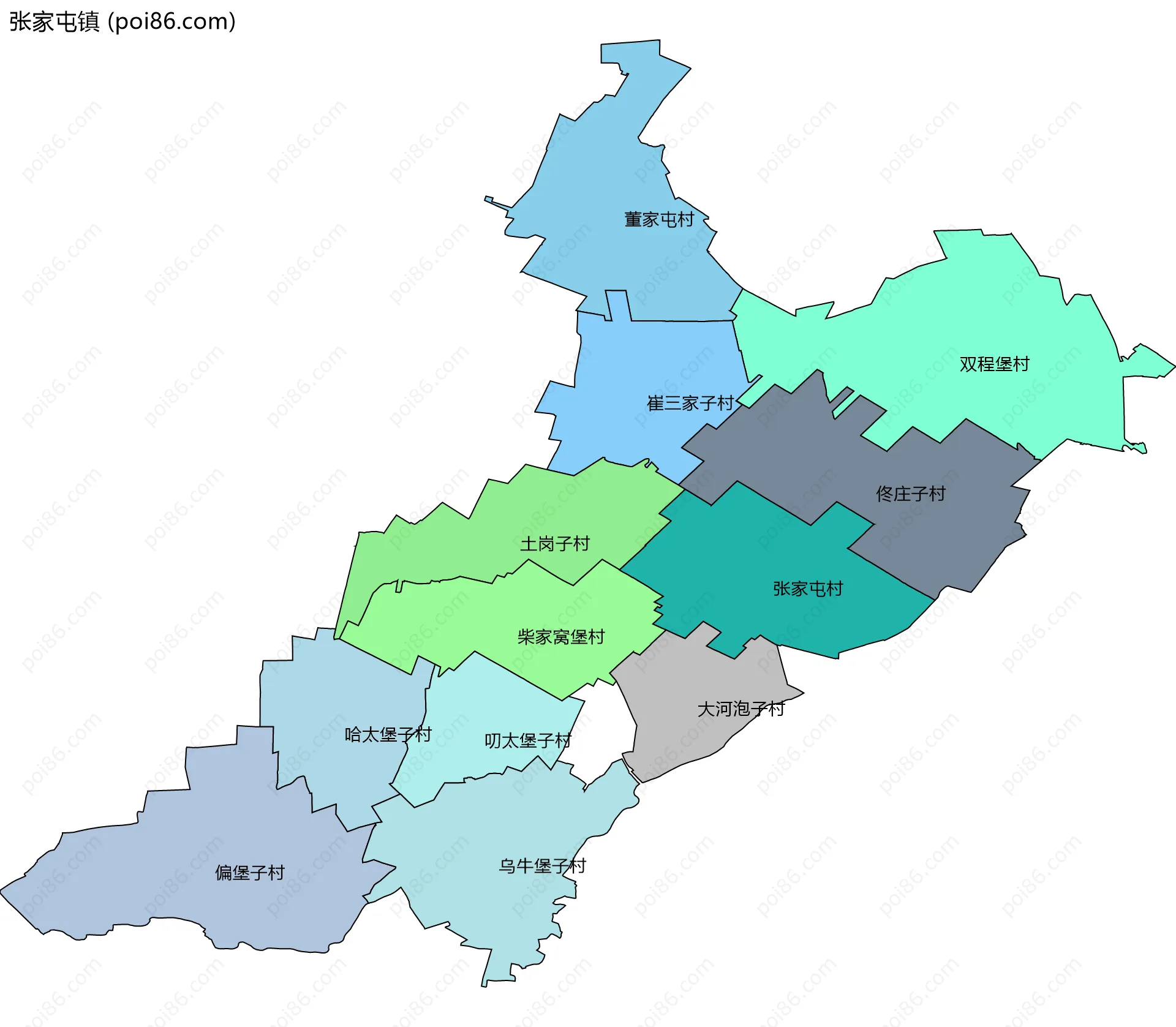 张家屯镇边界地图(五级行政区划)