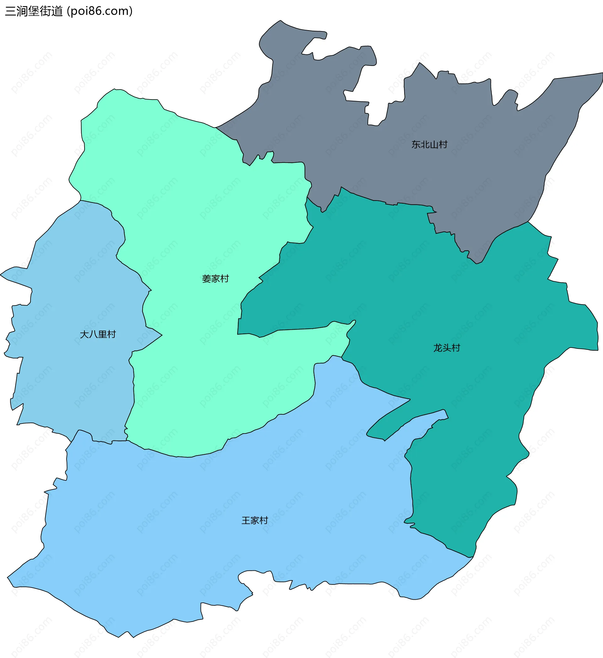 三涧堡街道边界地图(五级行政区划)
