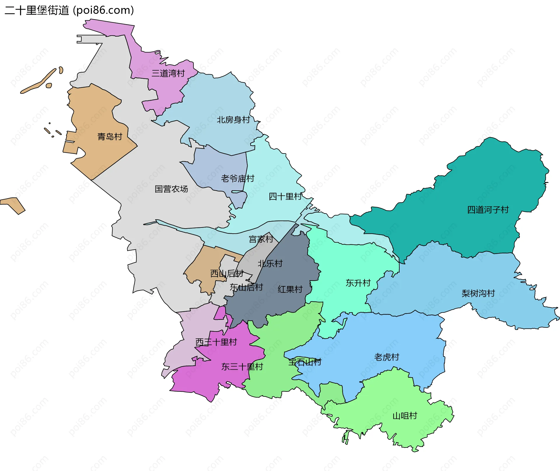 二十里堡街道边界地图(五级行政区划)