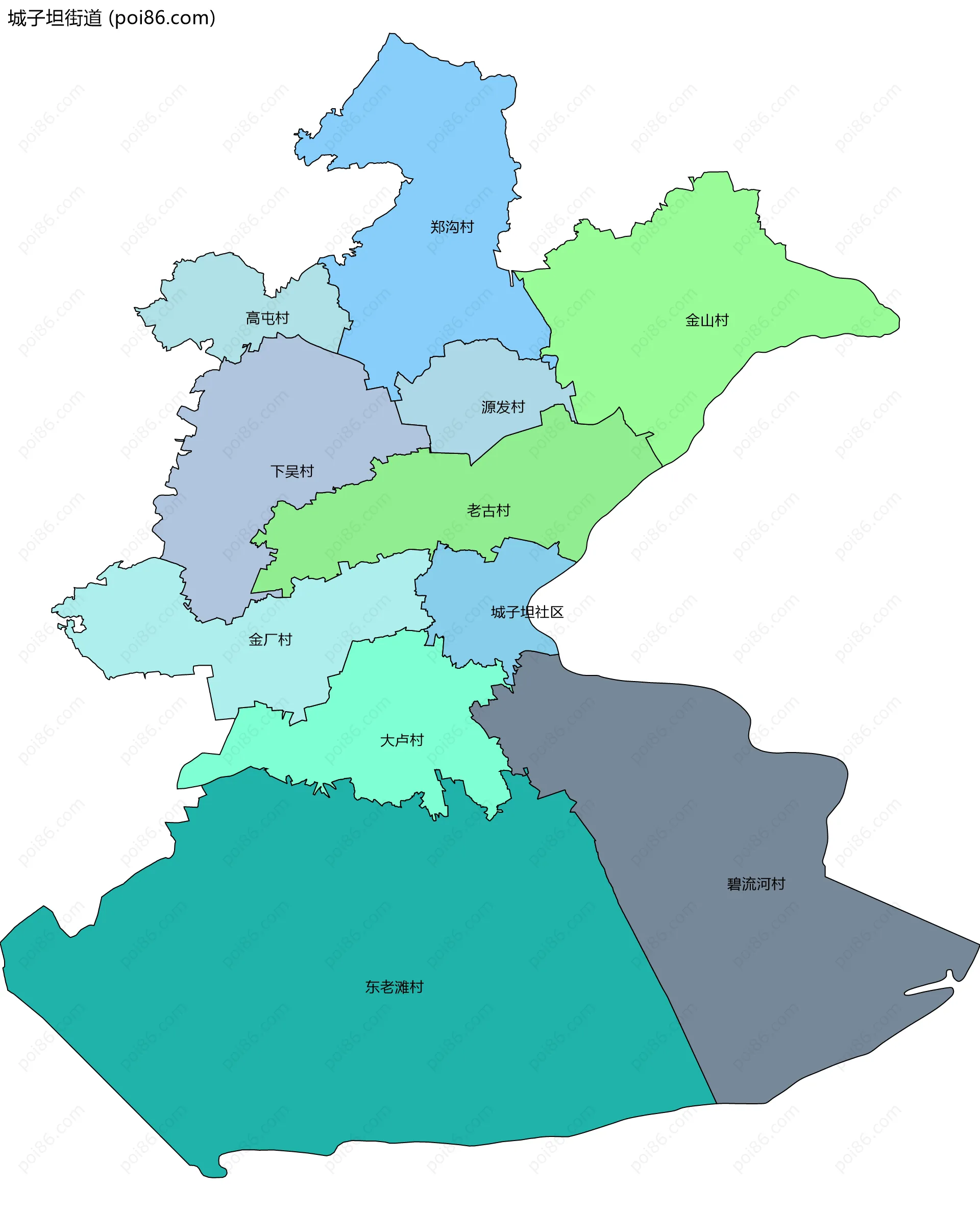 城子坦街道边界地图(五级行政区划)