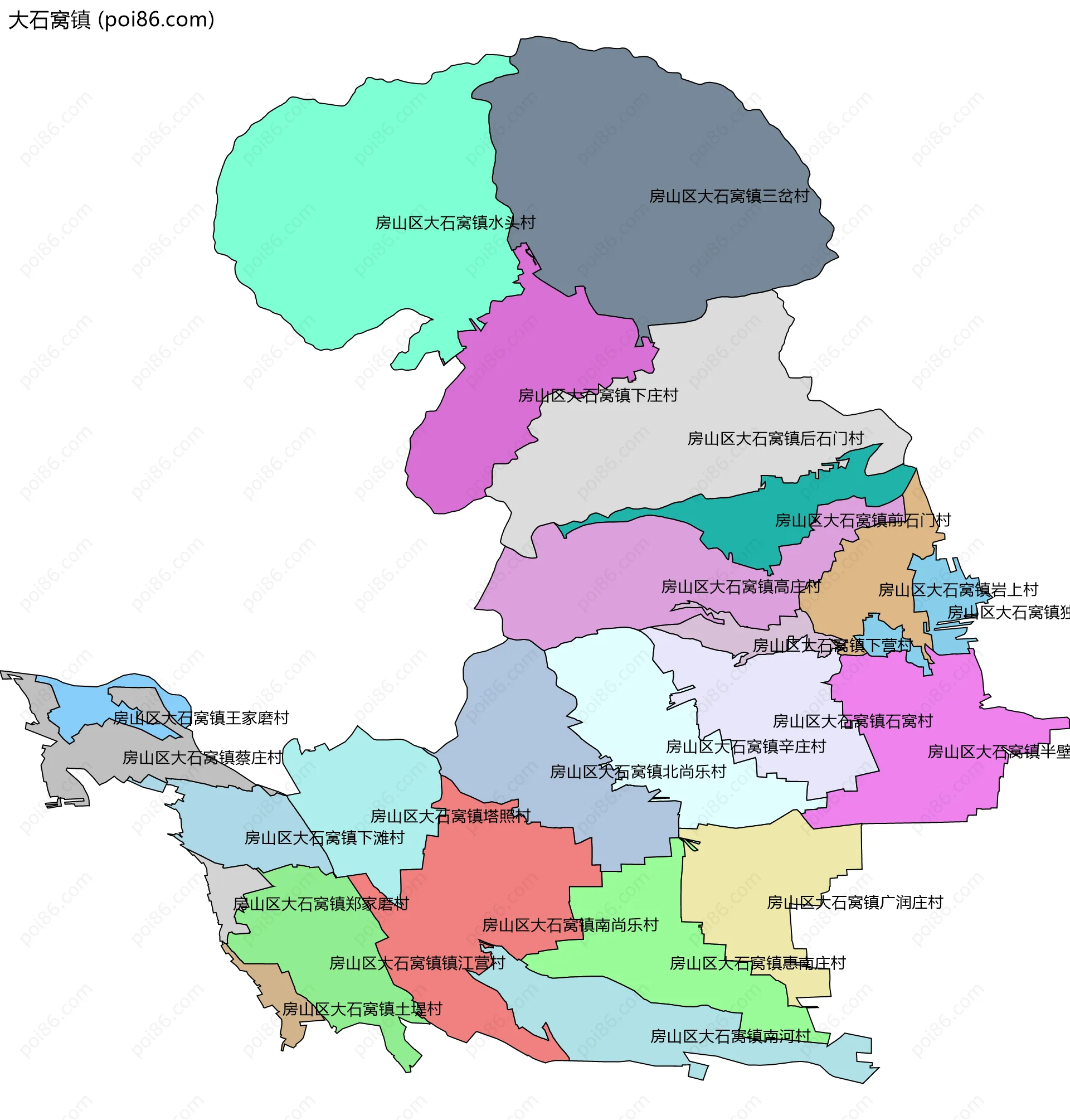 大石窝镇边界地图(五级行政区划)