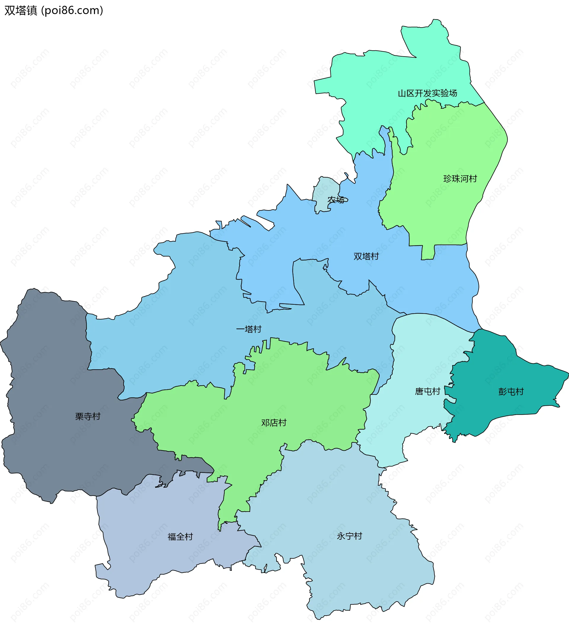 双塔镇边界地图(五级行政区划)