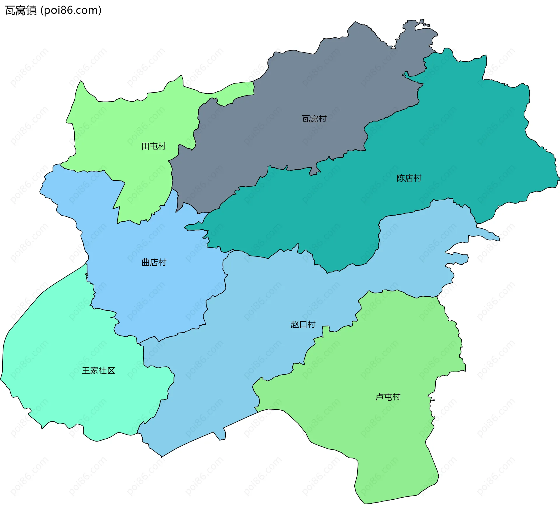 瓦窝镇边界地图(五级行政区划)