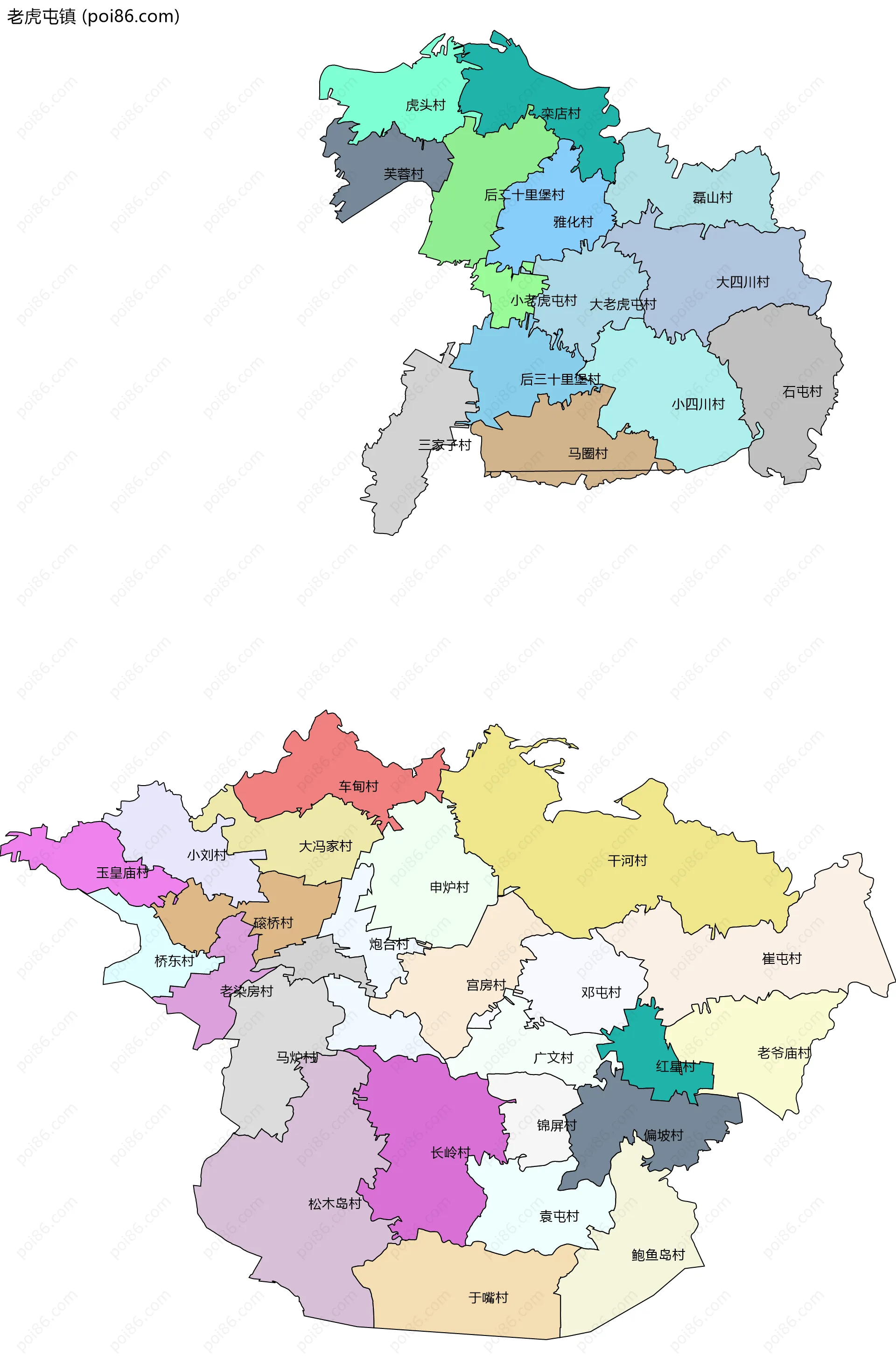 老虎屯镇边界地图(五级行政区划)