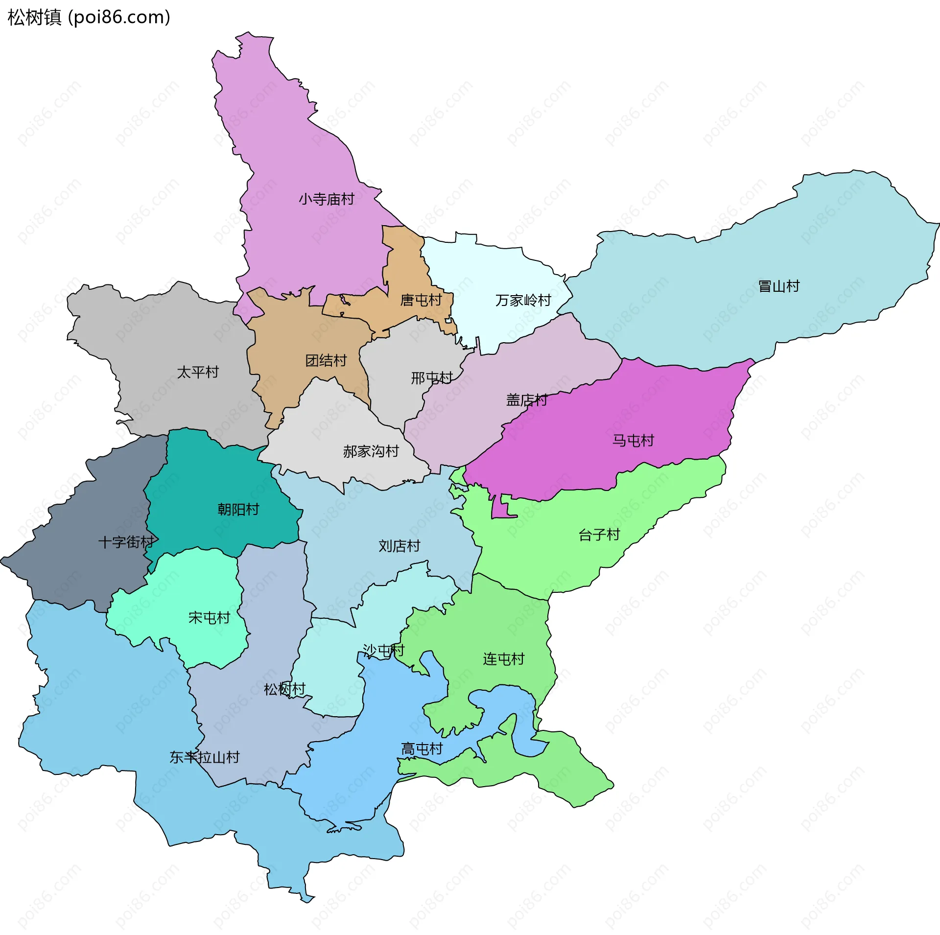 松树镇边界地图(五级行政区划)