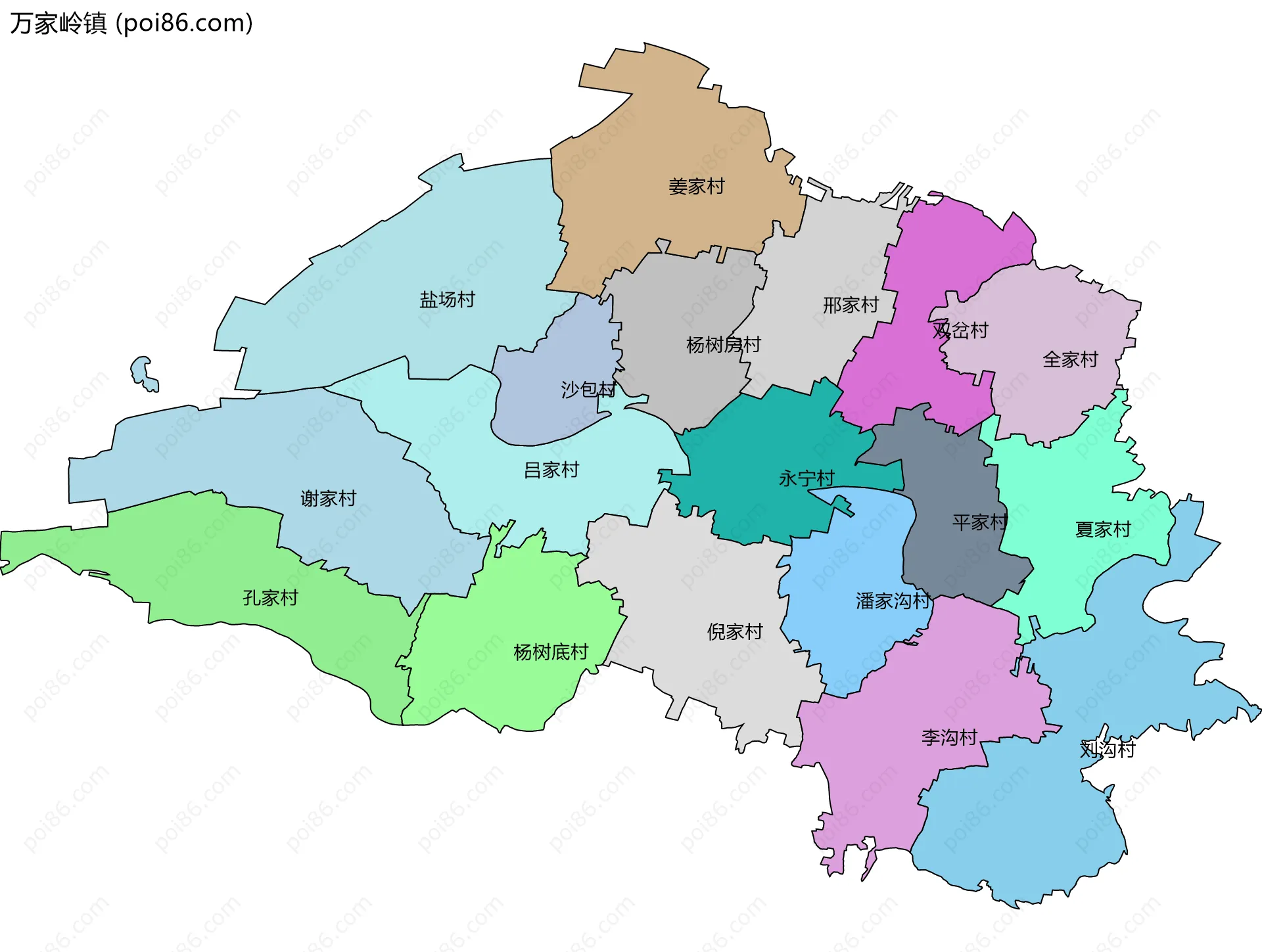 万家岭镇边界地图(五级行政区划)