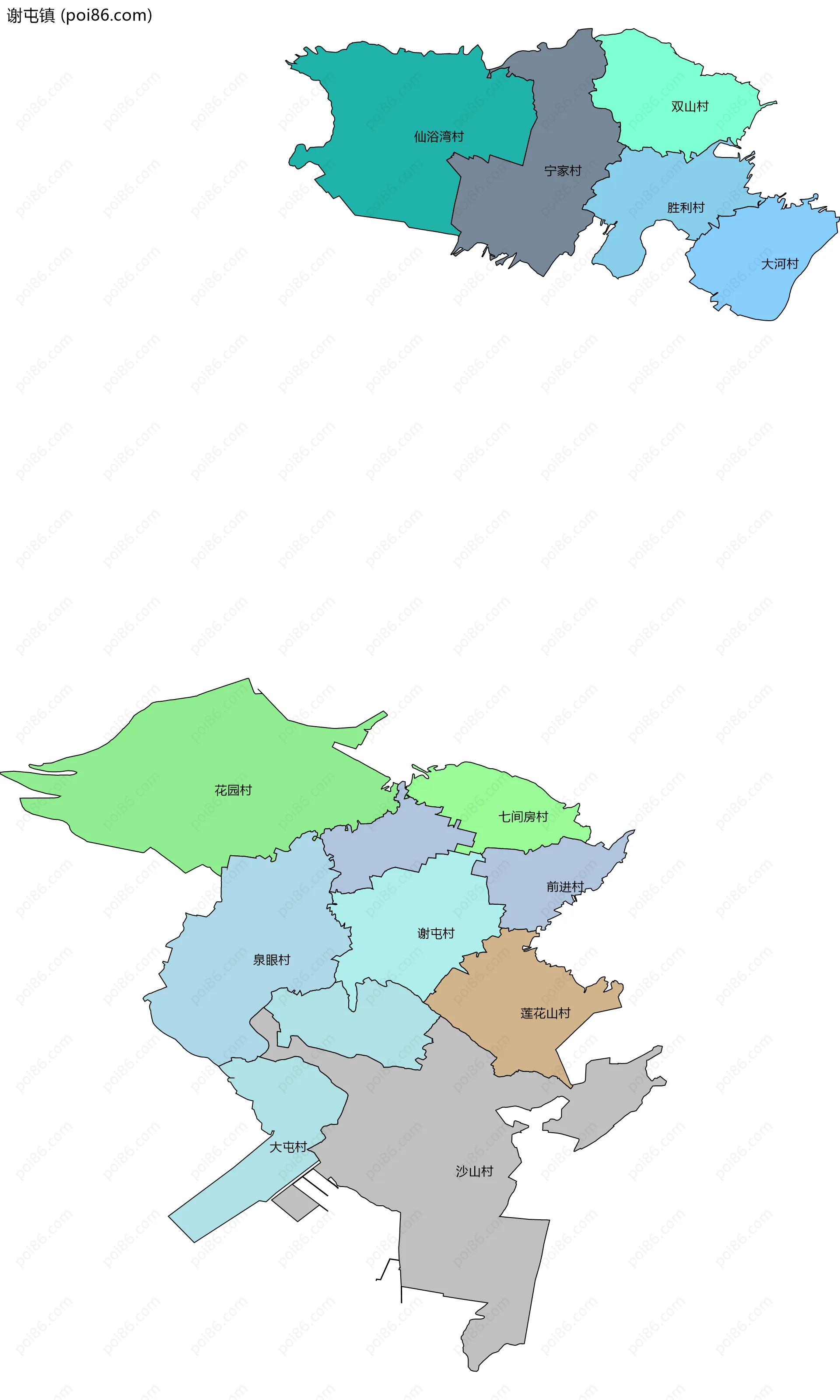 谢屯镇边界地图(五级行政区划)