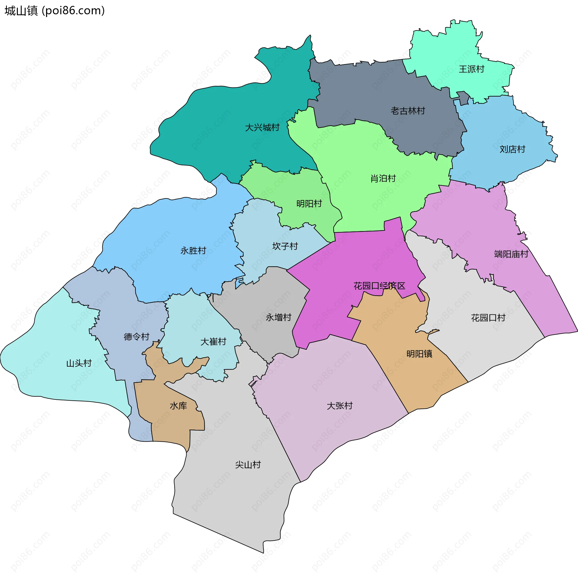 城山镇边界地图(五级行政区划)
