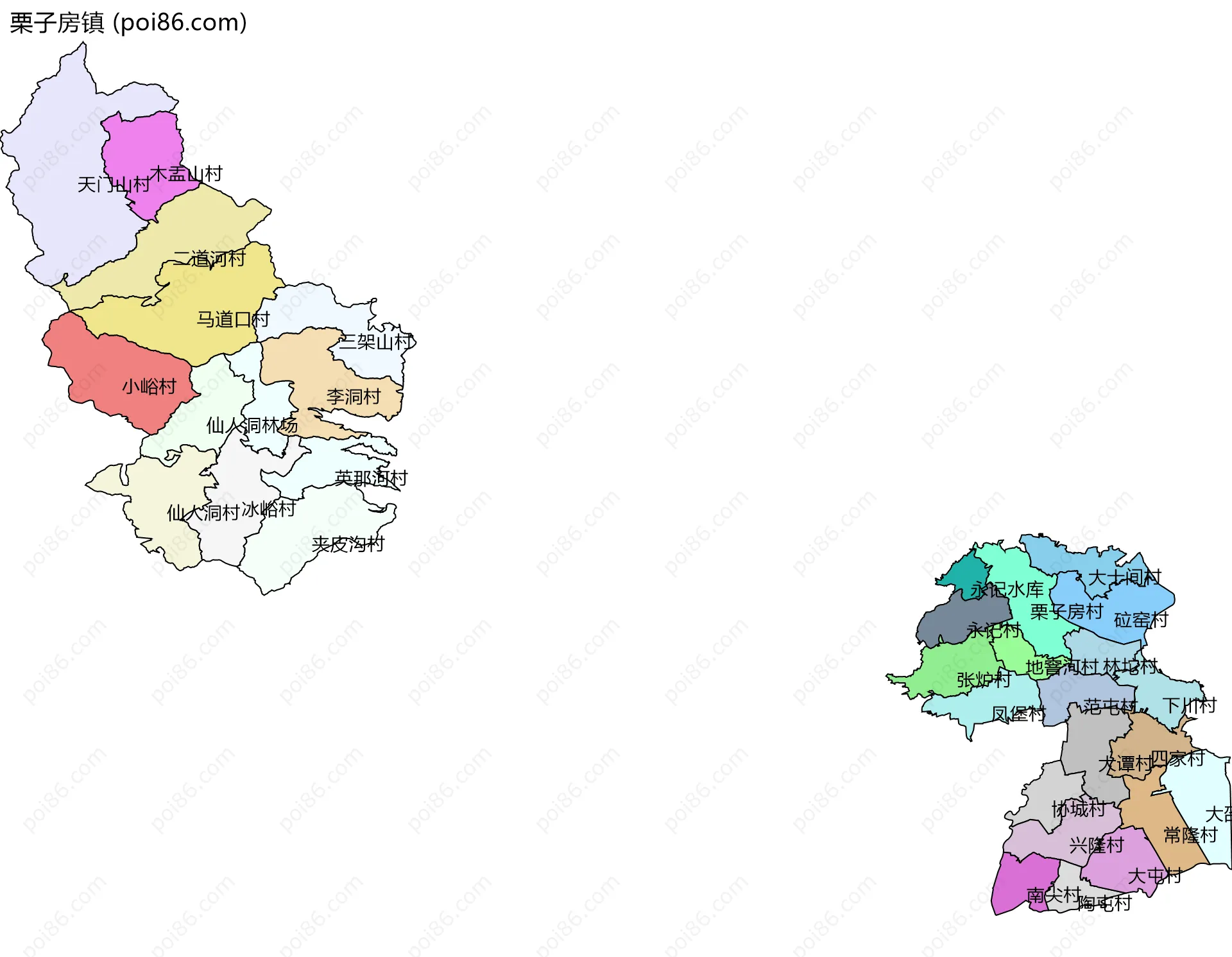 栗子房镇边界地图(五级行政区划)