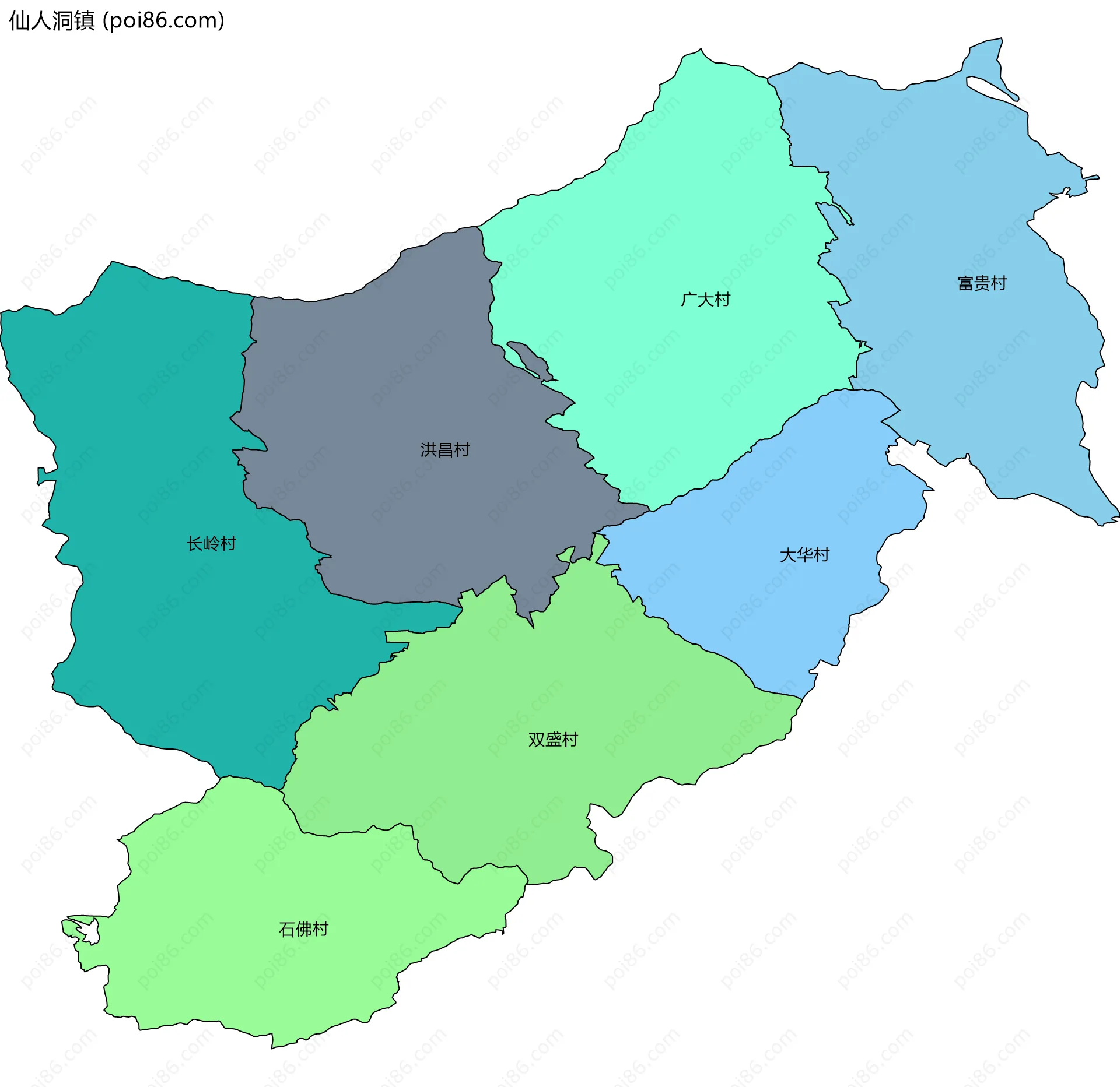 仙人洞镇边界地图(五级行政区划)