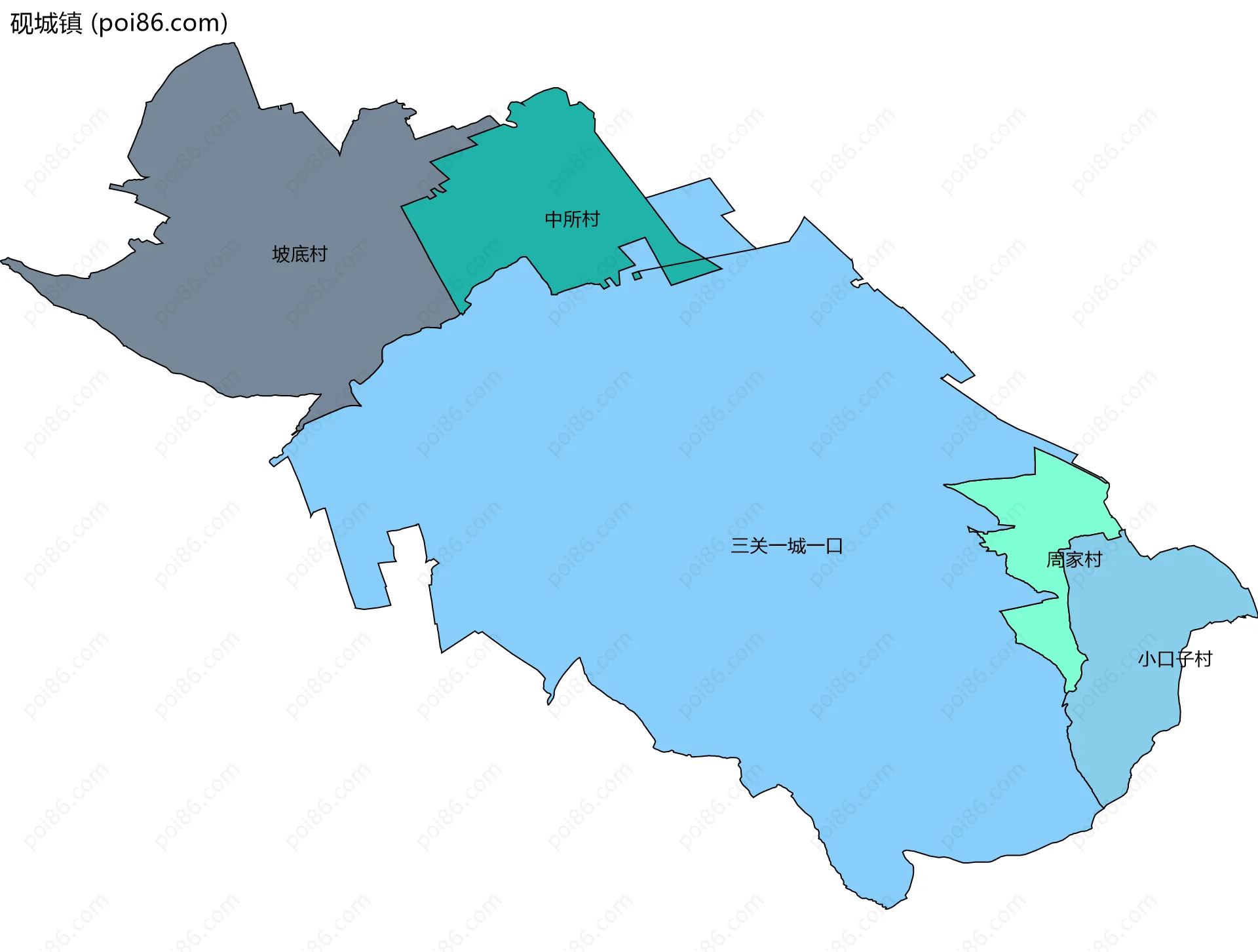 砚城镇边界地图(五级行政区划)