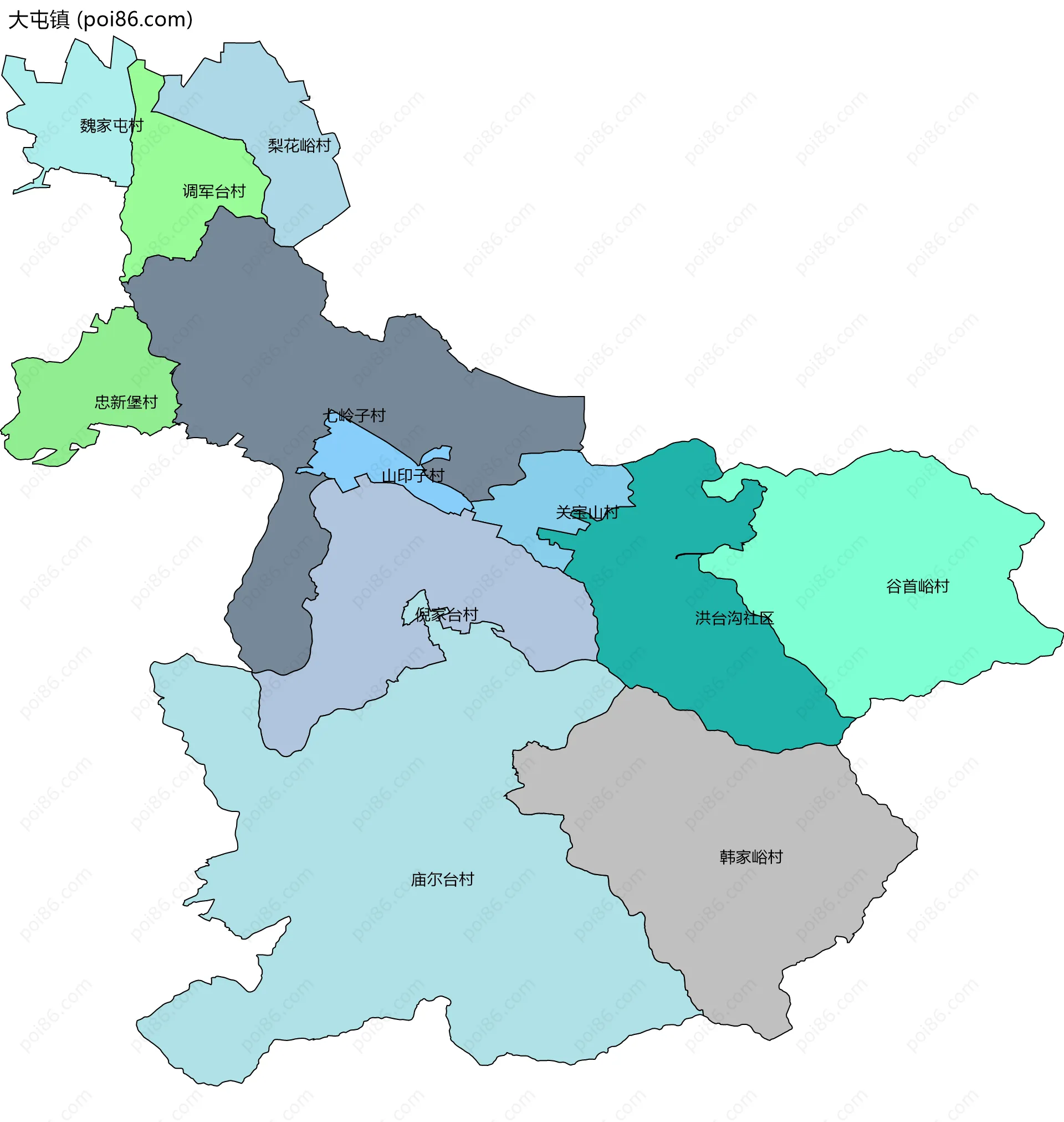 大屯镇边界地图(五级行政区划)