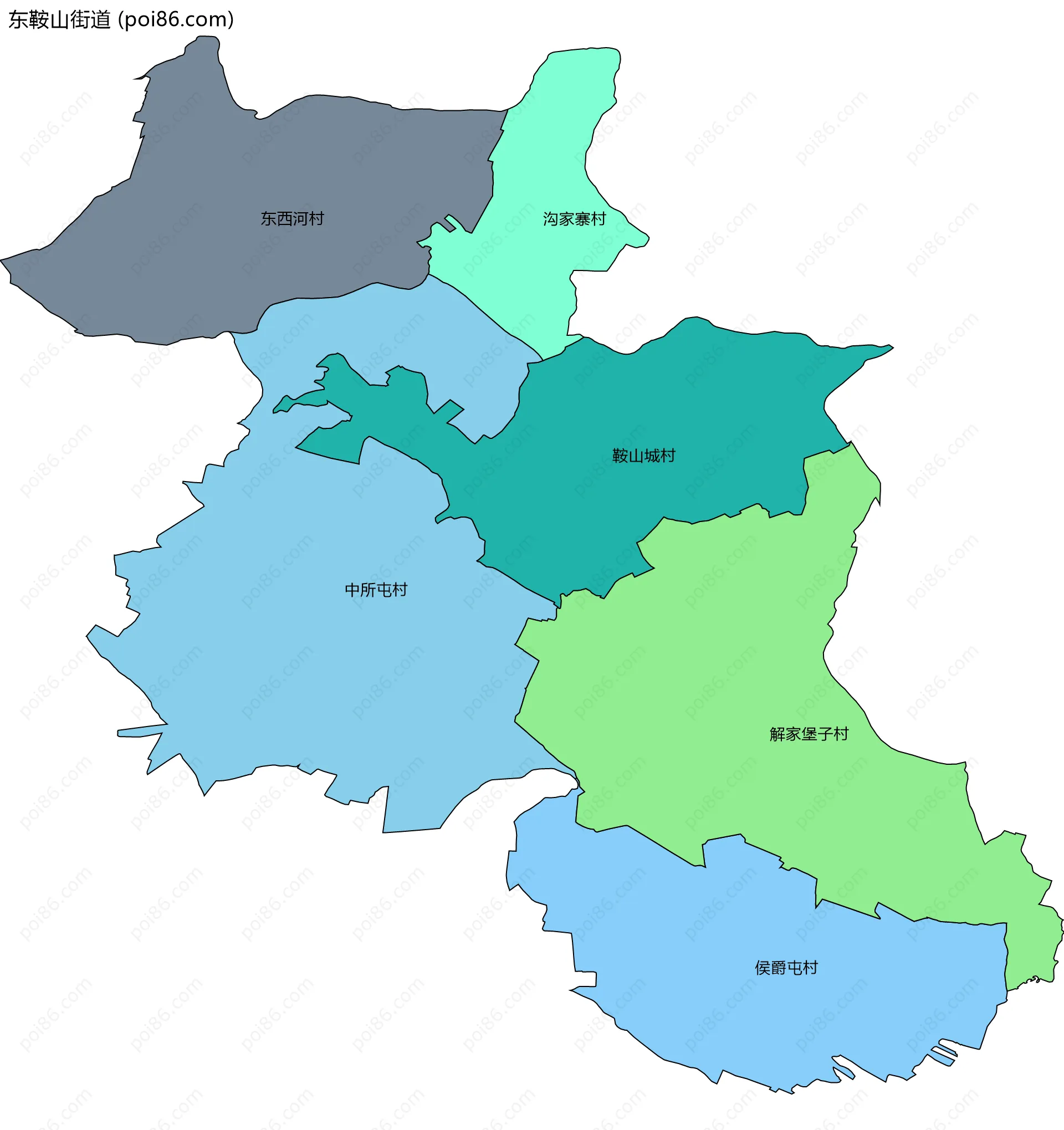 东鞍山街道边界地图(五级行政区划)