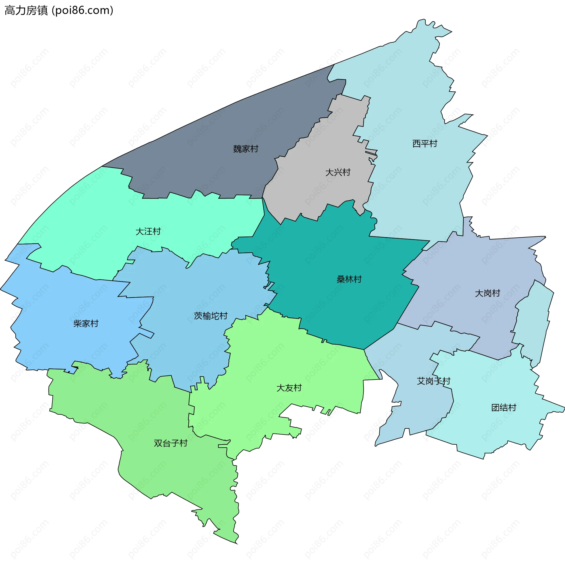 高力房镇边界地图(五级行政区划)