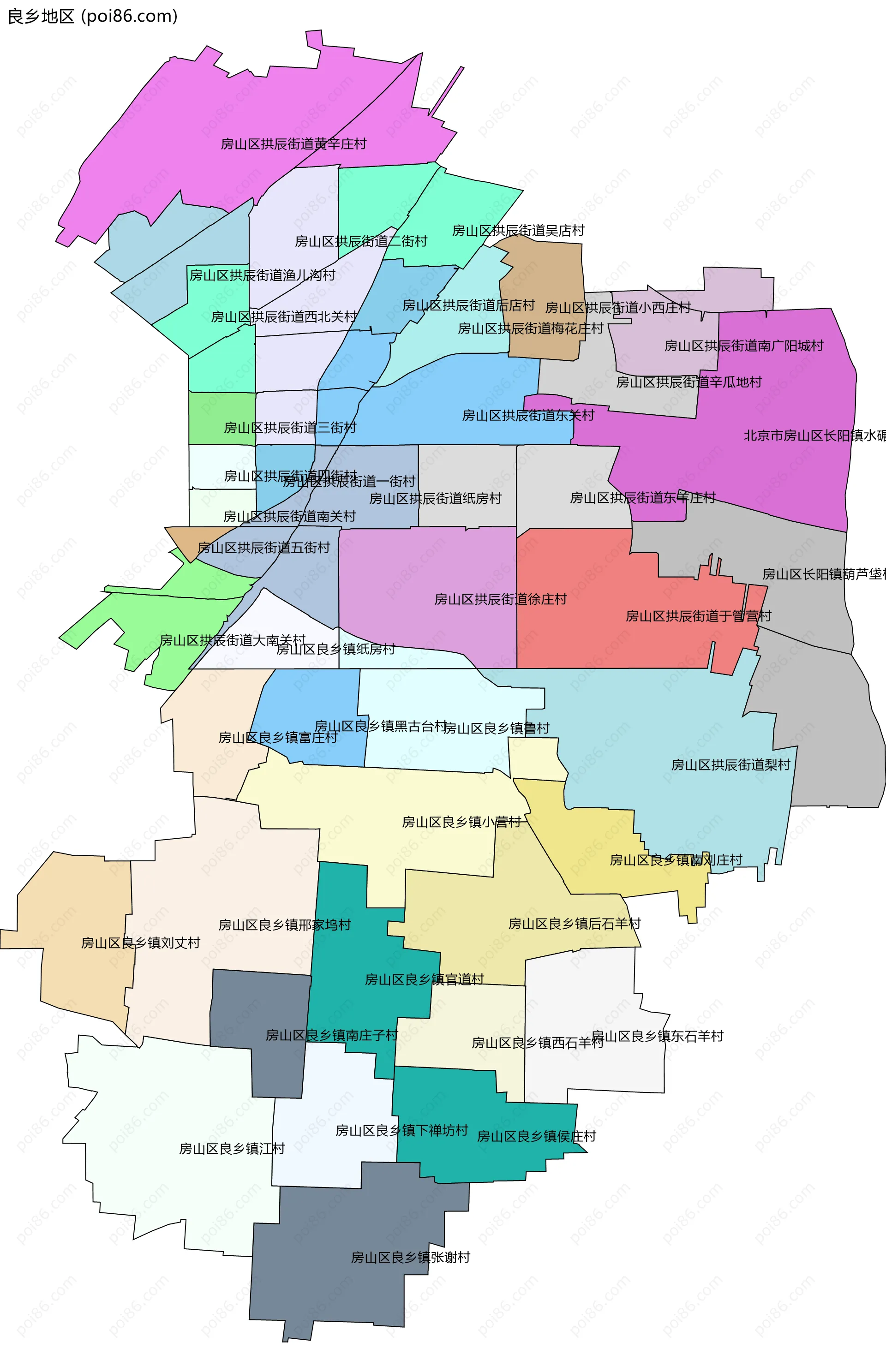 良乡地区边界地图(五级行政区划)