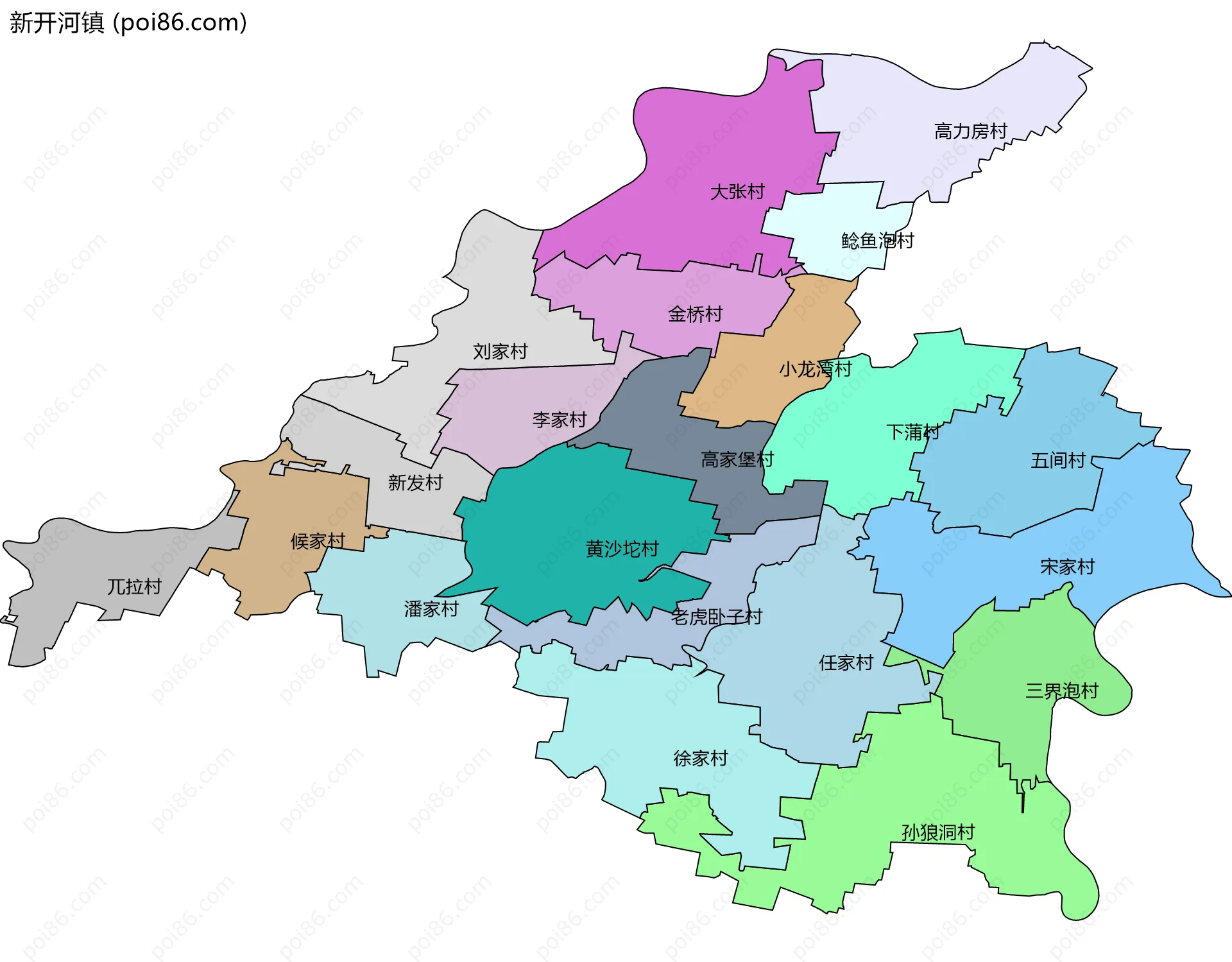 新开河镇边界地图(五级行政区划)