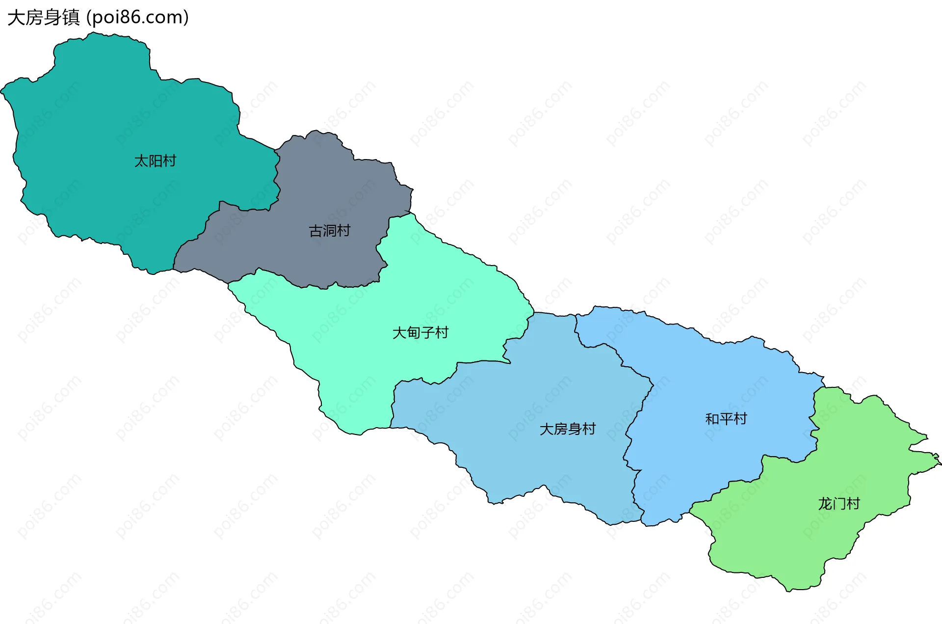 大房身镇边界地图(五级行政区划)
