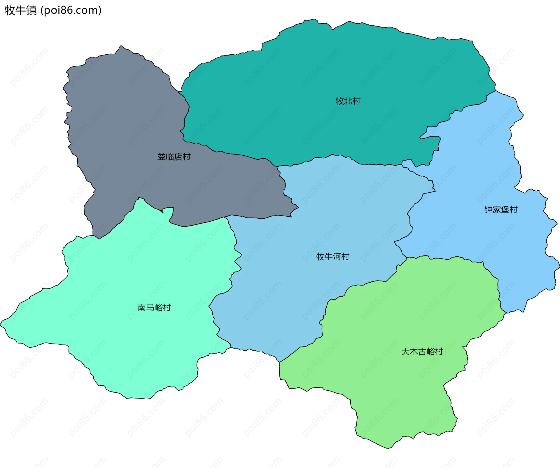 牧牛镇边界地图(五级行政区划)