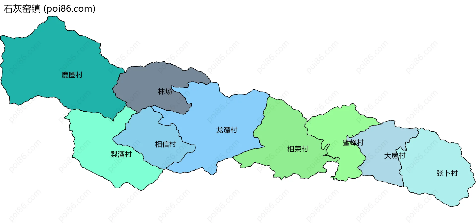 石灰窑镇边界地图(五级行政区划)