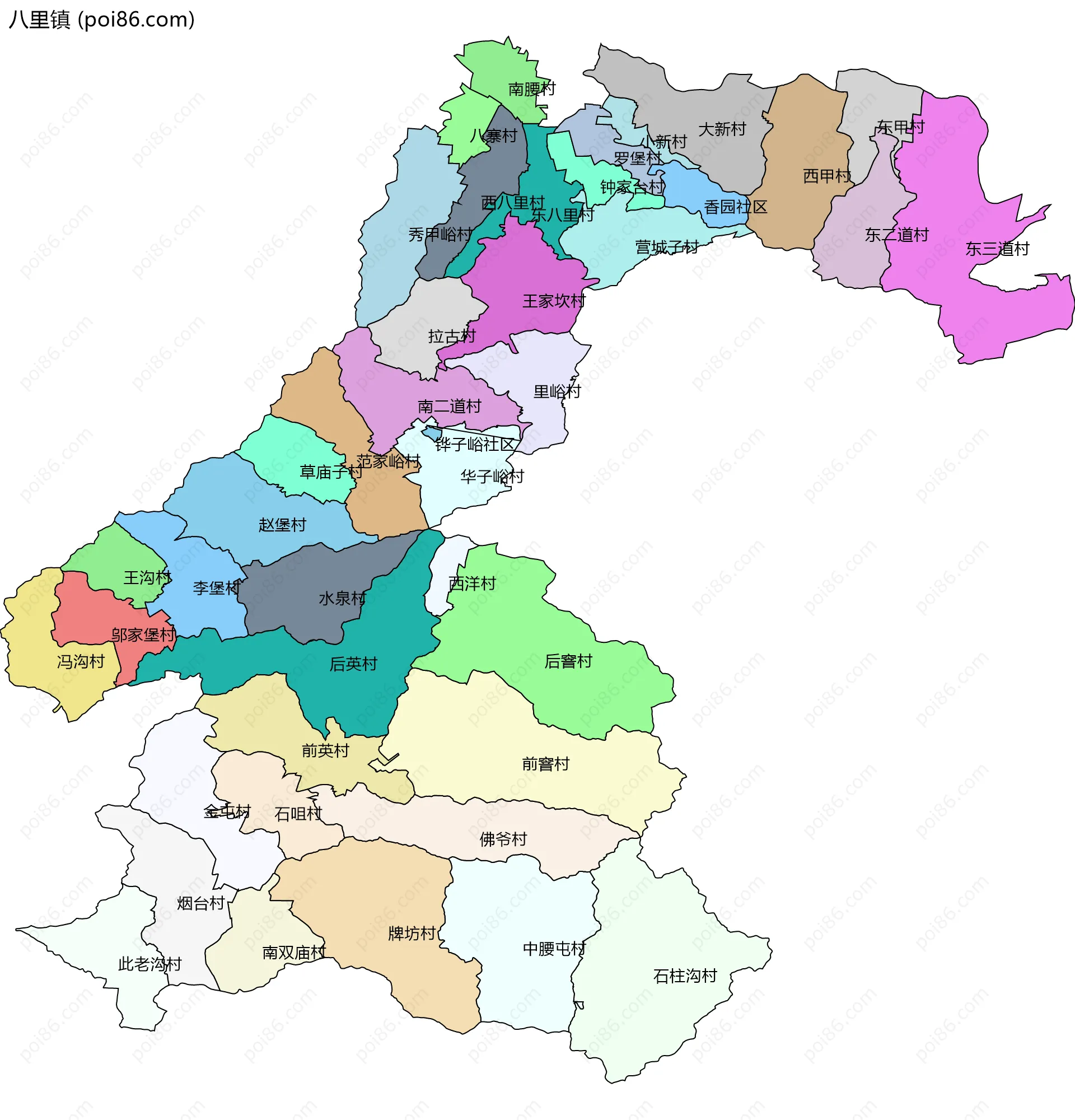 八里镇边界地图(五级行政区划)