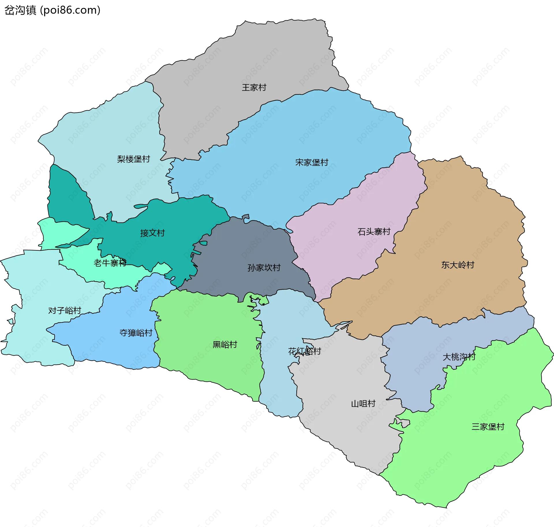 岔沟镇边界地图(五级行政区划)