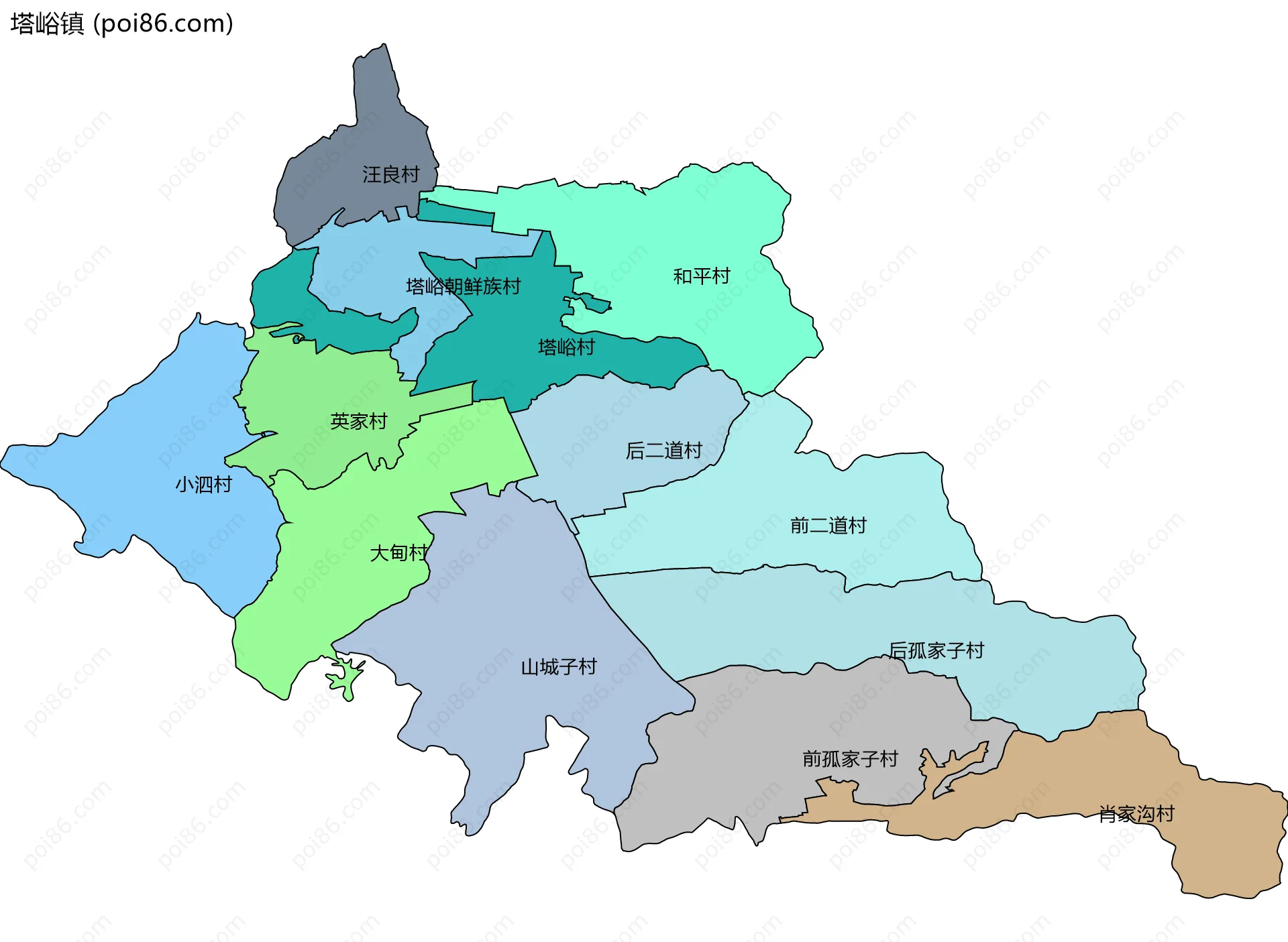 塔峪镇边界地图(五级行政区划)