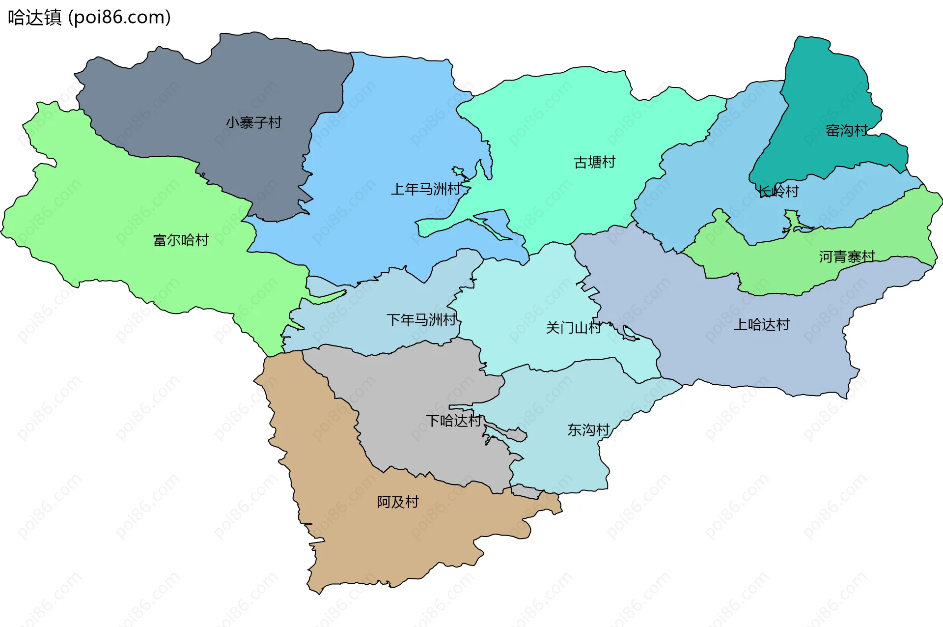 哈达镇边界地图(五级行政区划)