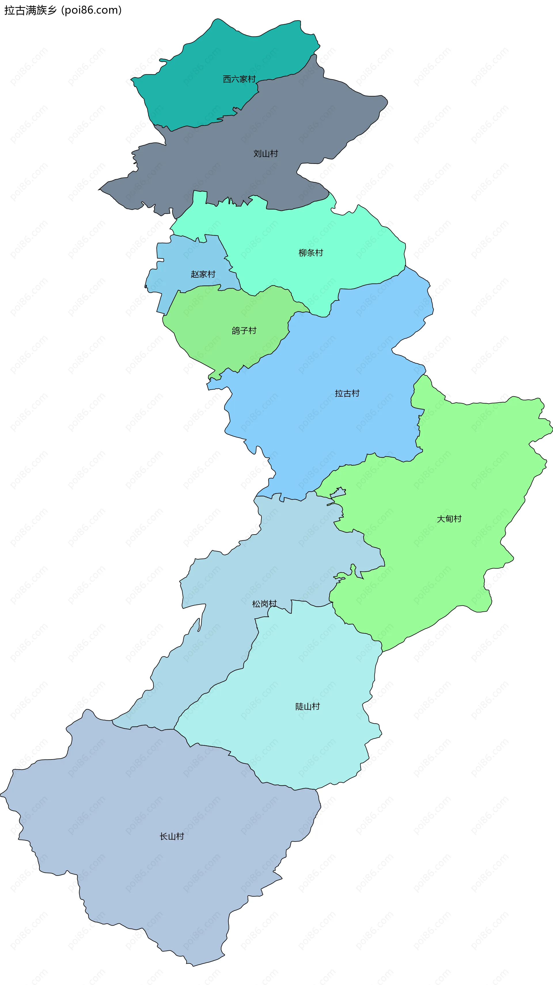 拉古满族乡边界地图(五级行政区划)