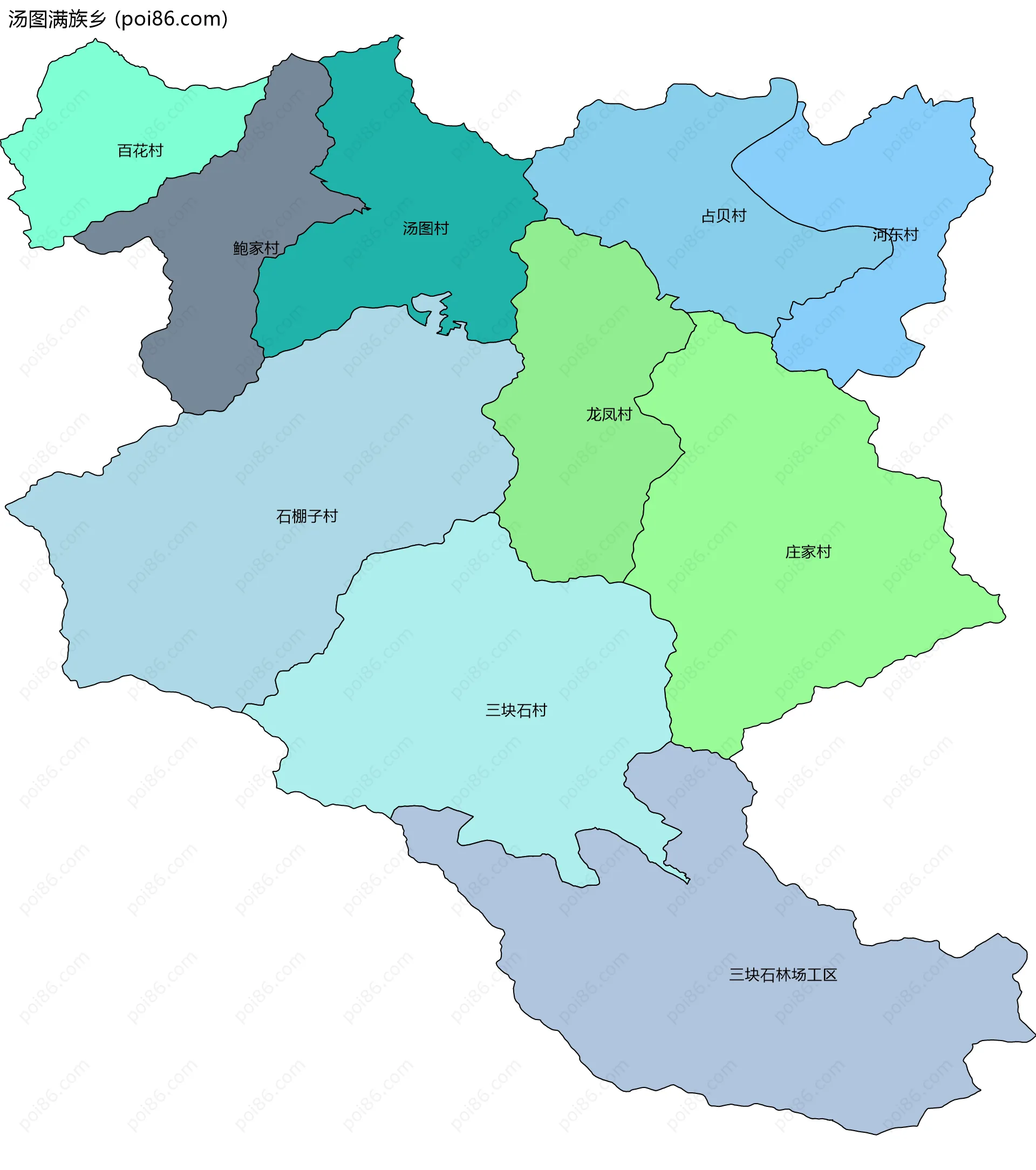 汤图满族乡边界地图(五级行政区划)