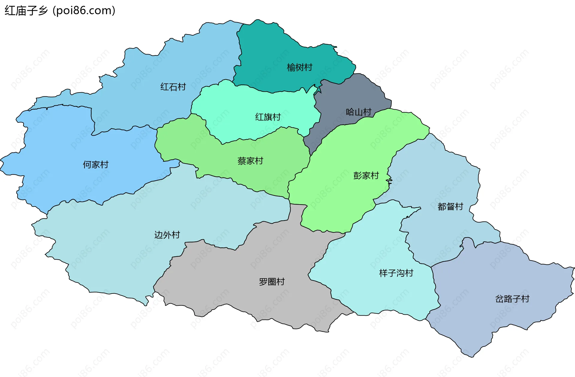 红庙子乡边界地图(五级行政区划)