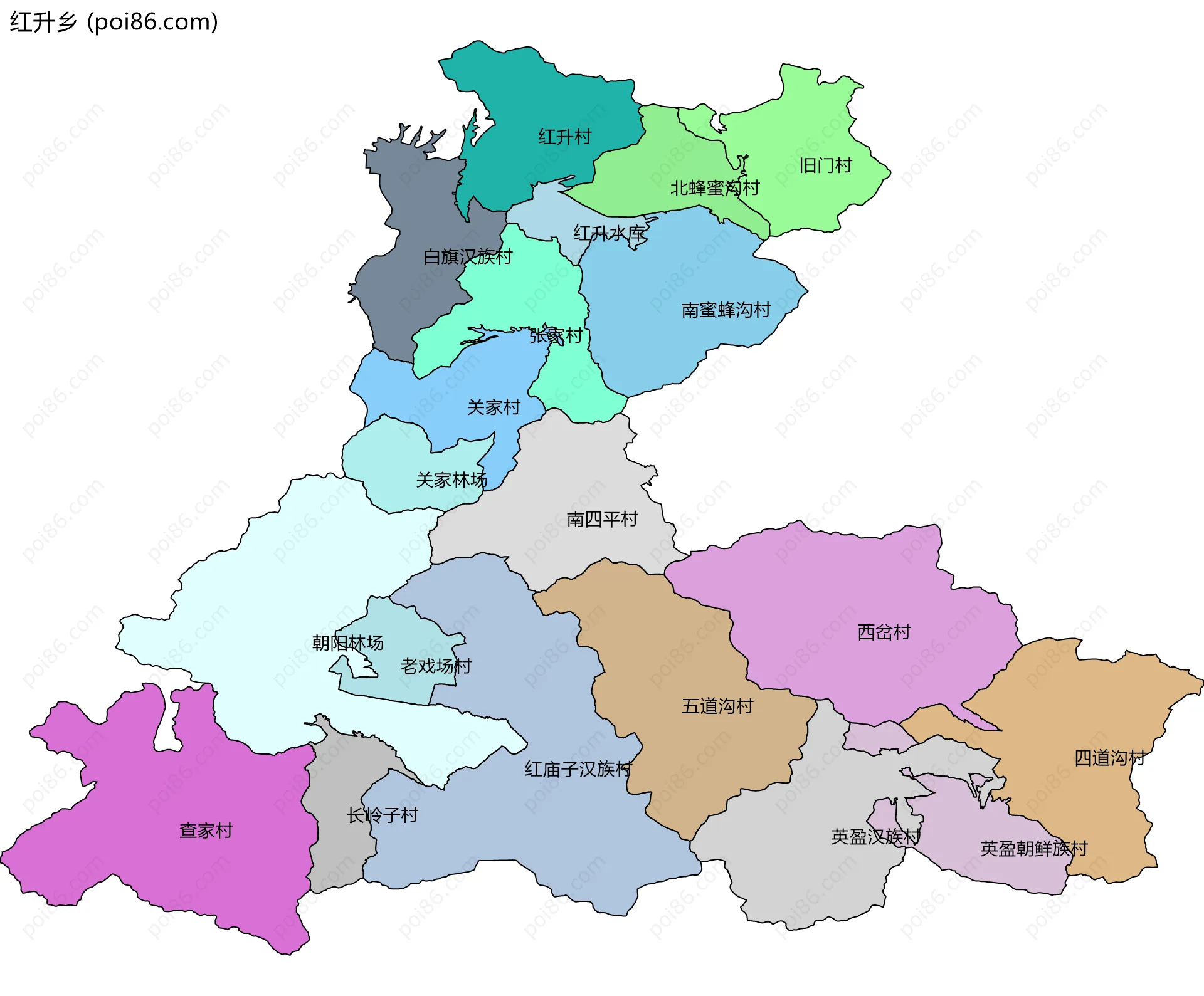 红升乡边界地图(五级行政区划)