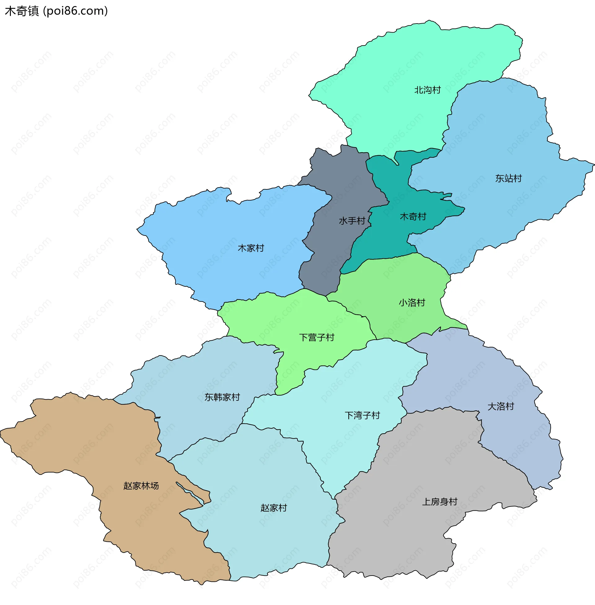 木奇镇边界地图(五级行政区划)